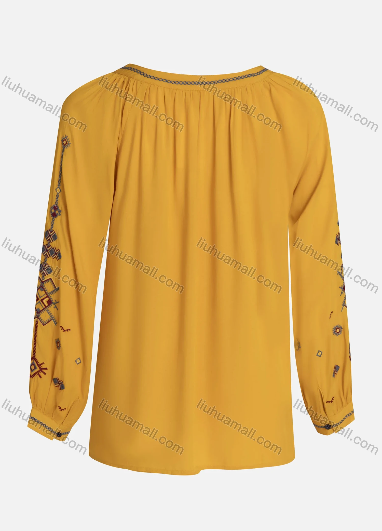 Wholesale Women's Casual Vintage Embroidery Notched Tie Neck Long Sleeve Blouse - Liuhuamall