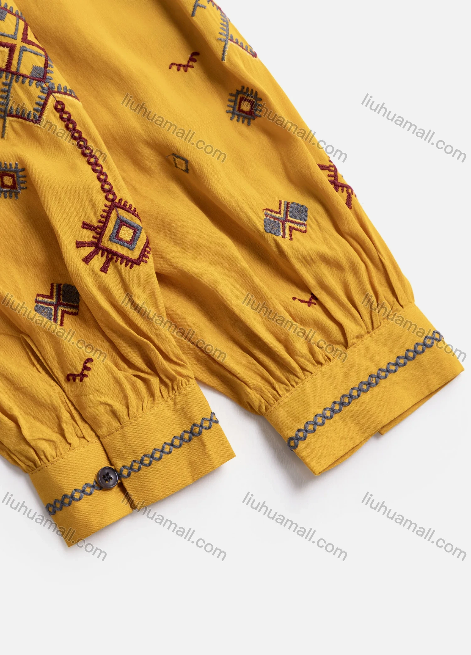 Wholesale Women's Casual Vintage Embroidery Notched Tie Neck Long Sleeve Blouse - Liuhuamall