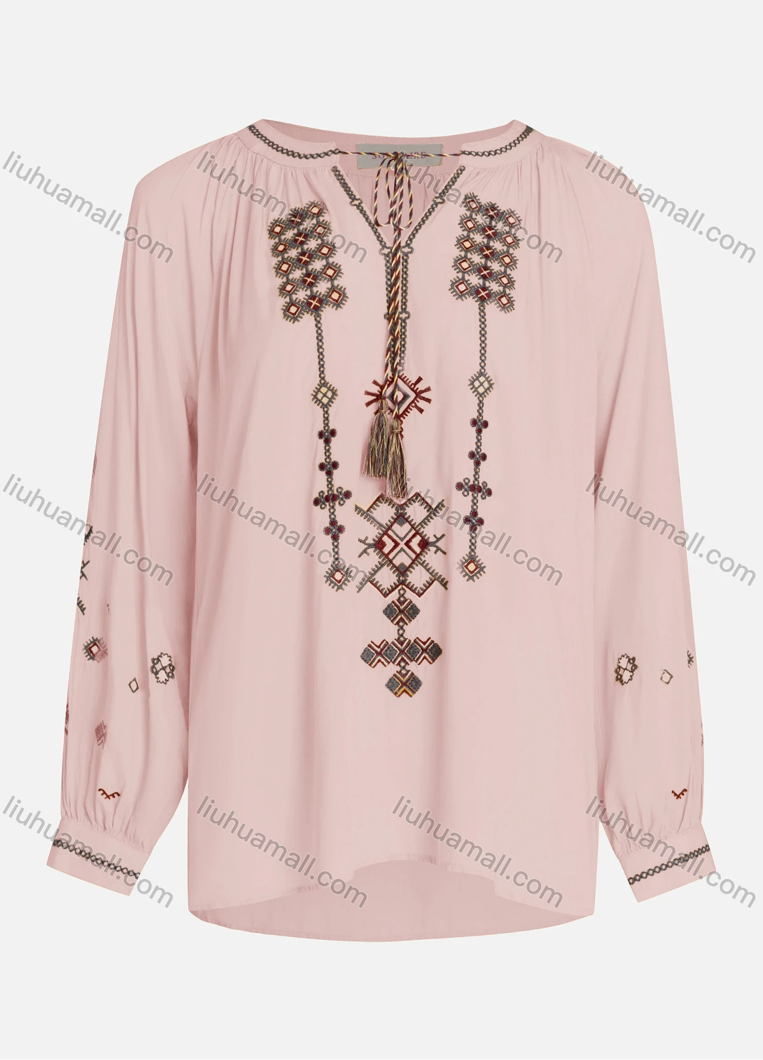 Wholesale Women's Casual Vintage Embroidery Notched Tie Neck Long Sleeve Blouse - Liuhuamall