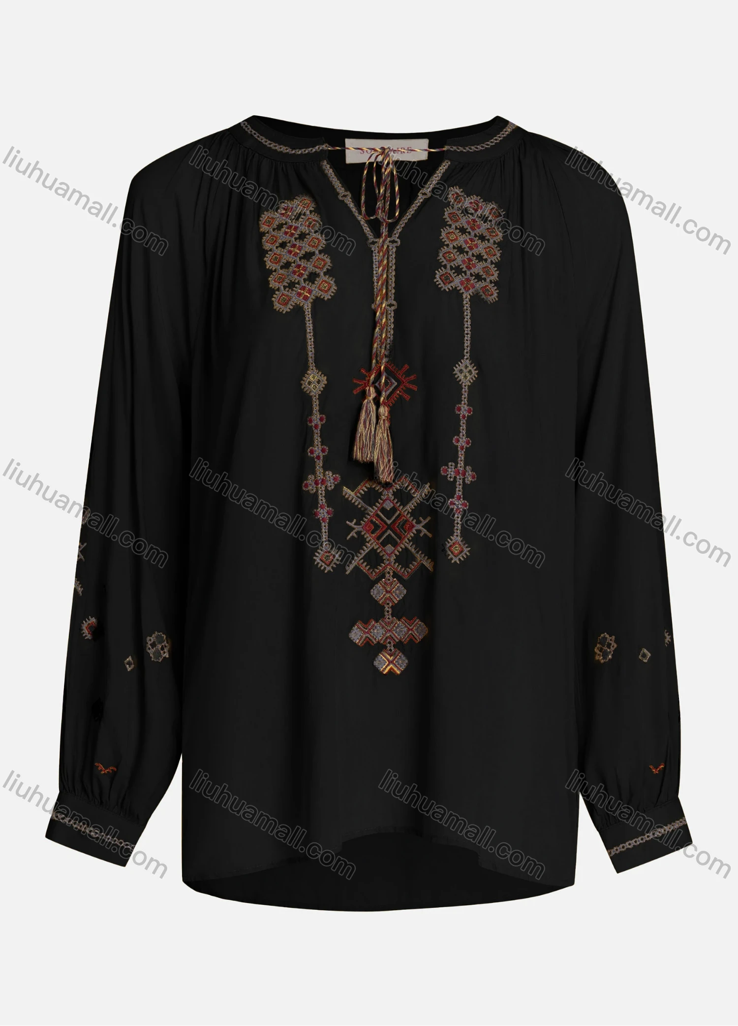 Wholesale Women's Casual Vintage Embroidery Notched Tie Neck Long Sleeve Blouse - Liuhuamall