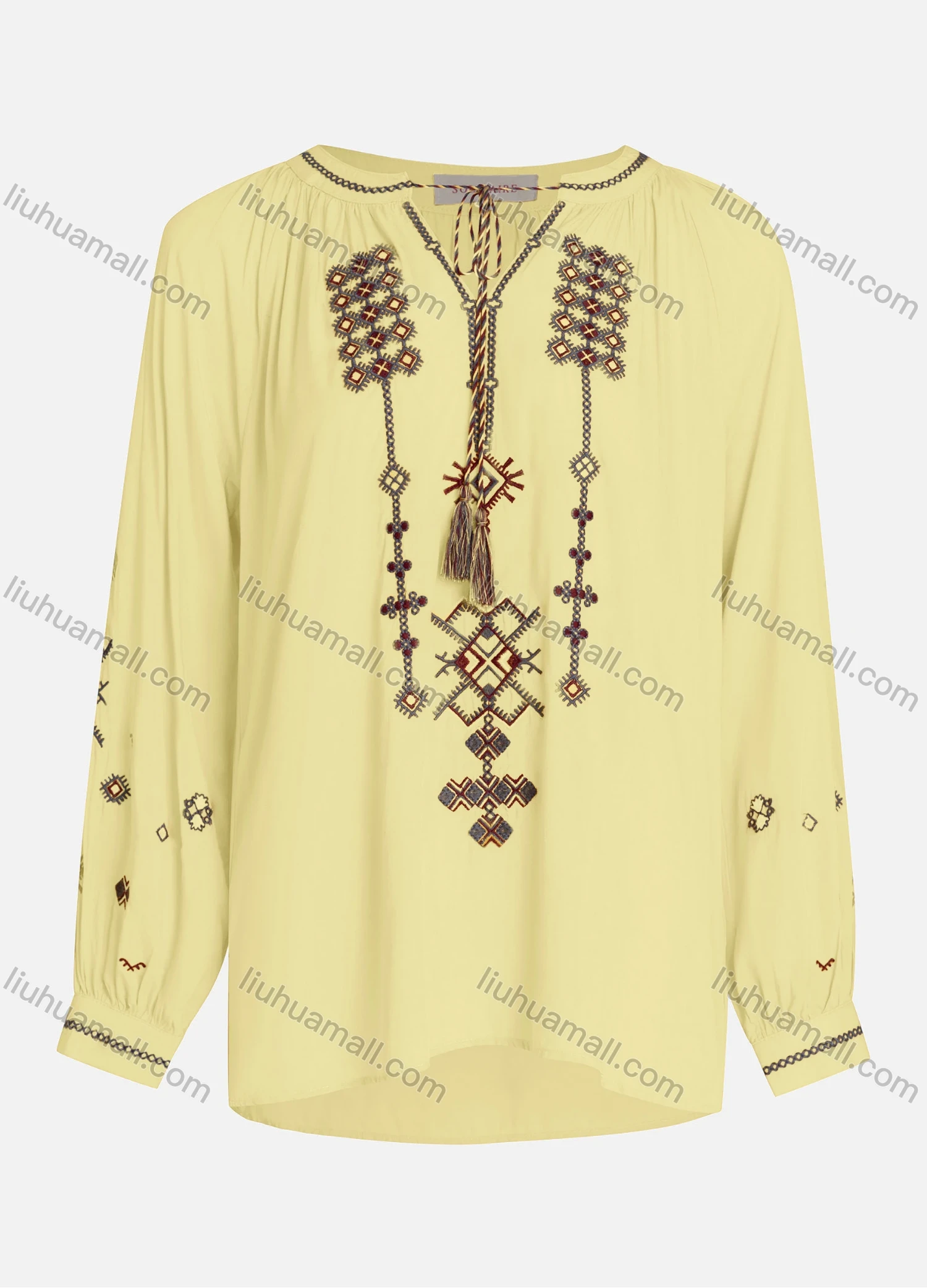 Wholesale Women's Casual Vintage Embroidery Notched Tie Neck Long Sleeve Blouse - Liuhuamall