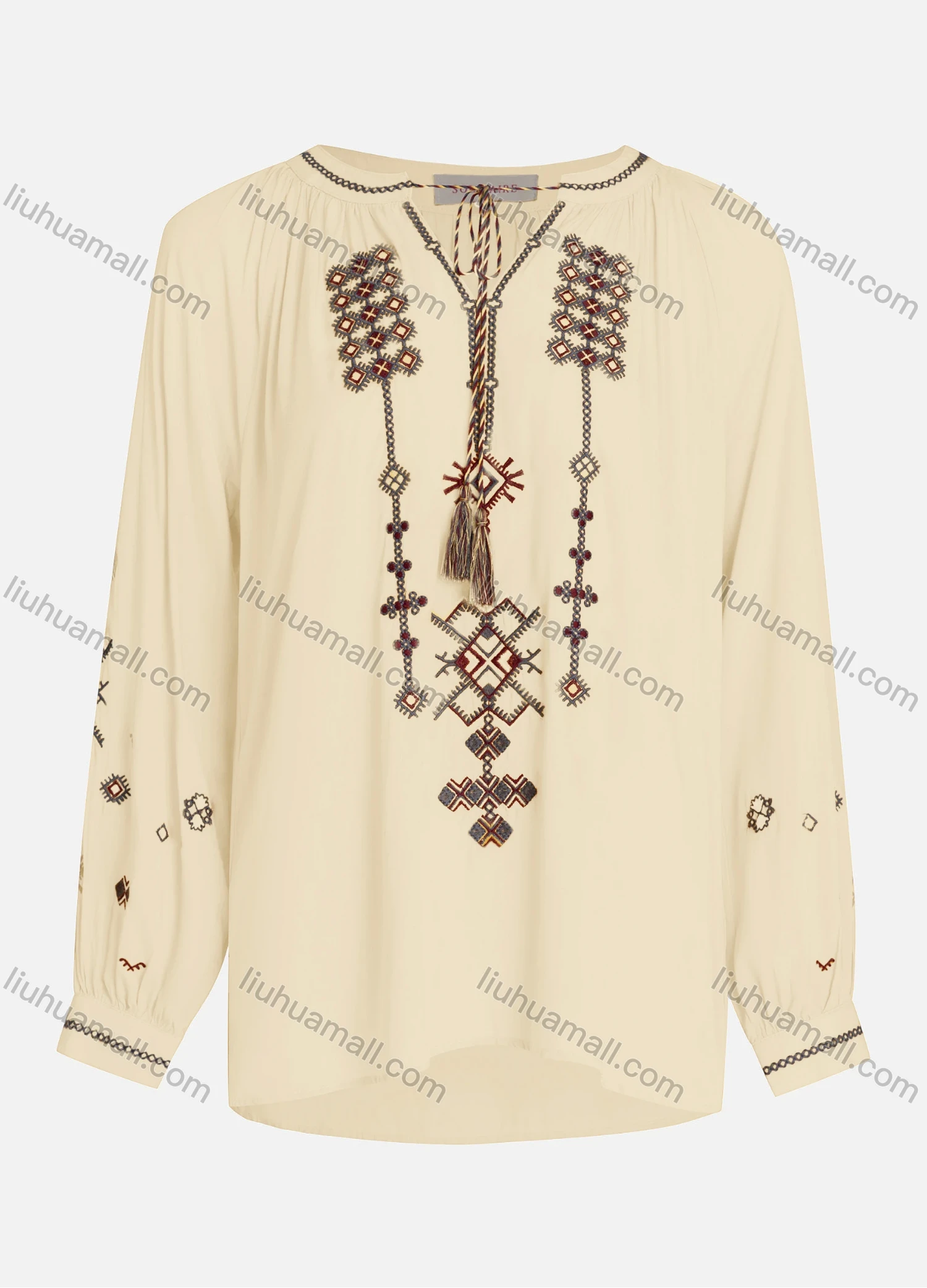 Wholesale Women's Casual Vintage Embroidery Notched Tie Neck Long Sleeve Blouse - Liuhuamall