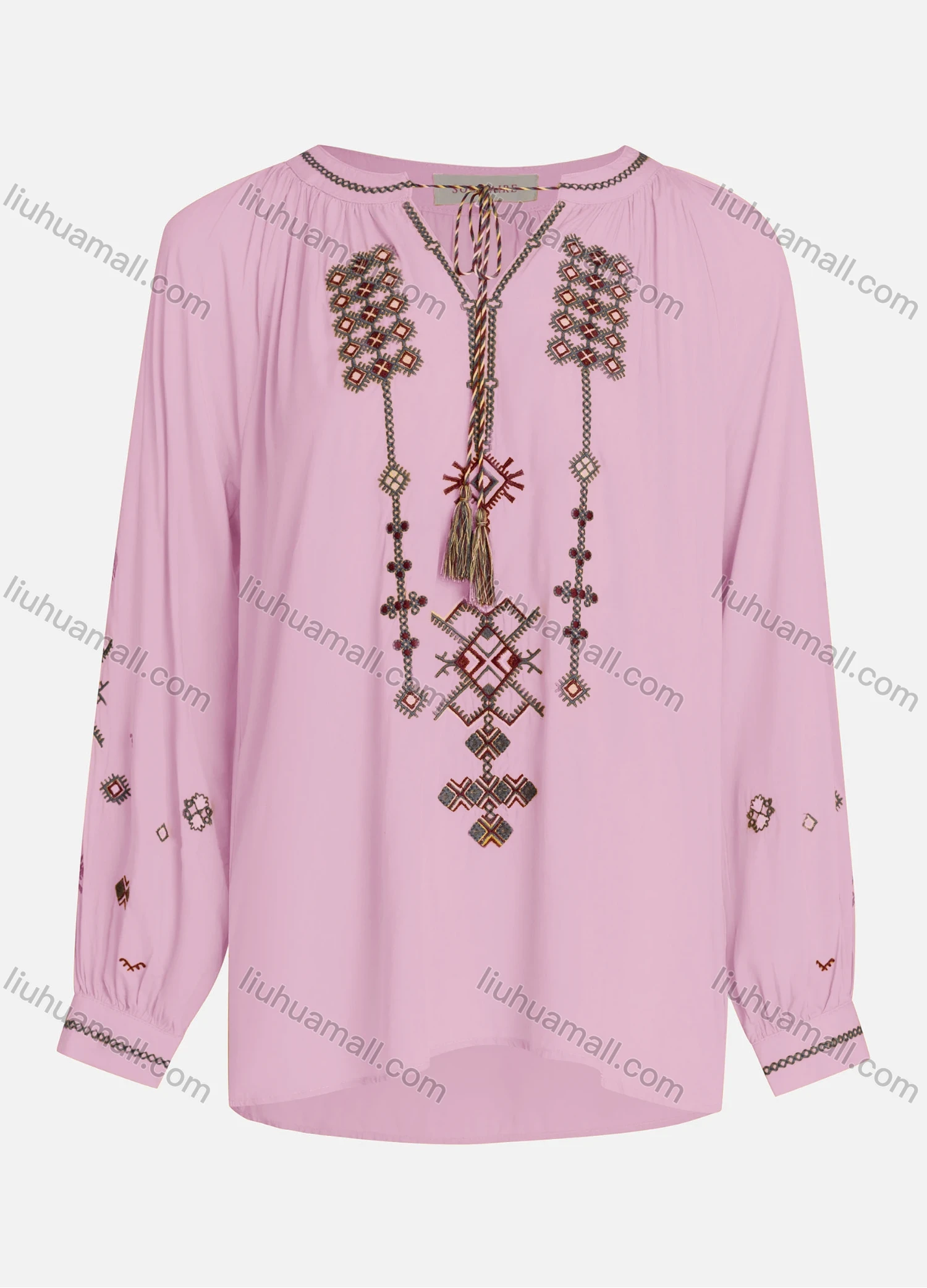 Wholesale Women's Casual Vintage Embroidery Notched Tie Neck Long Sleeve Blouse - Liuhuamall