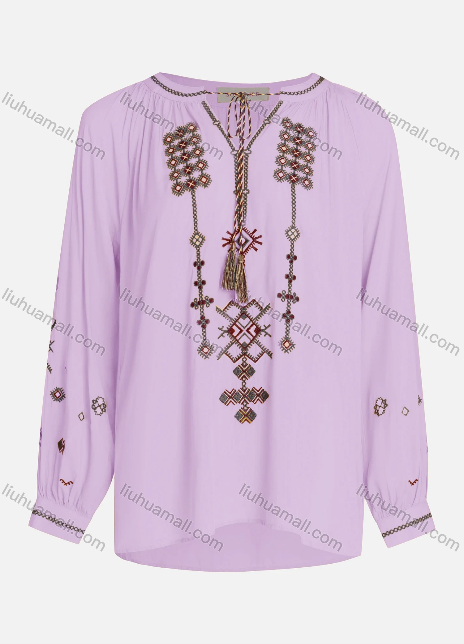 Wholesale Women's Casual Vintage Embroidery Notched Tie Neck Long Sleeve Blouse - Liuhuamall