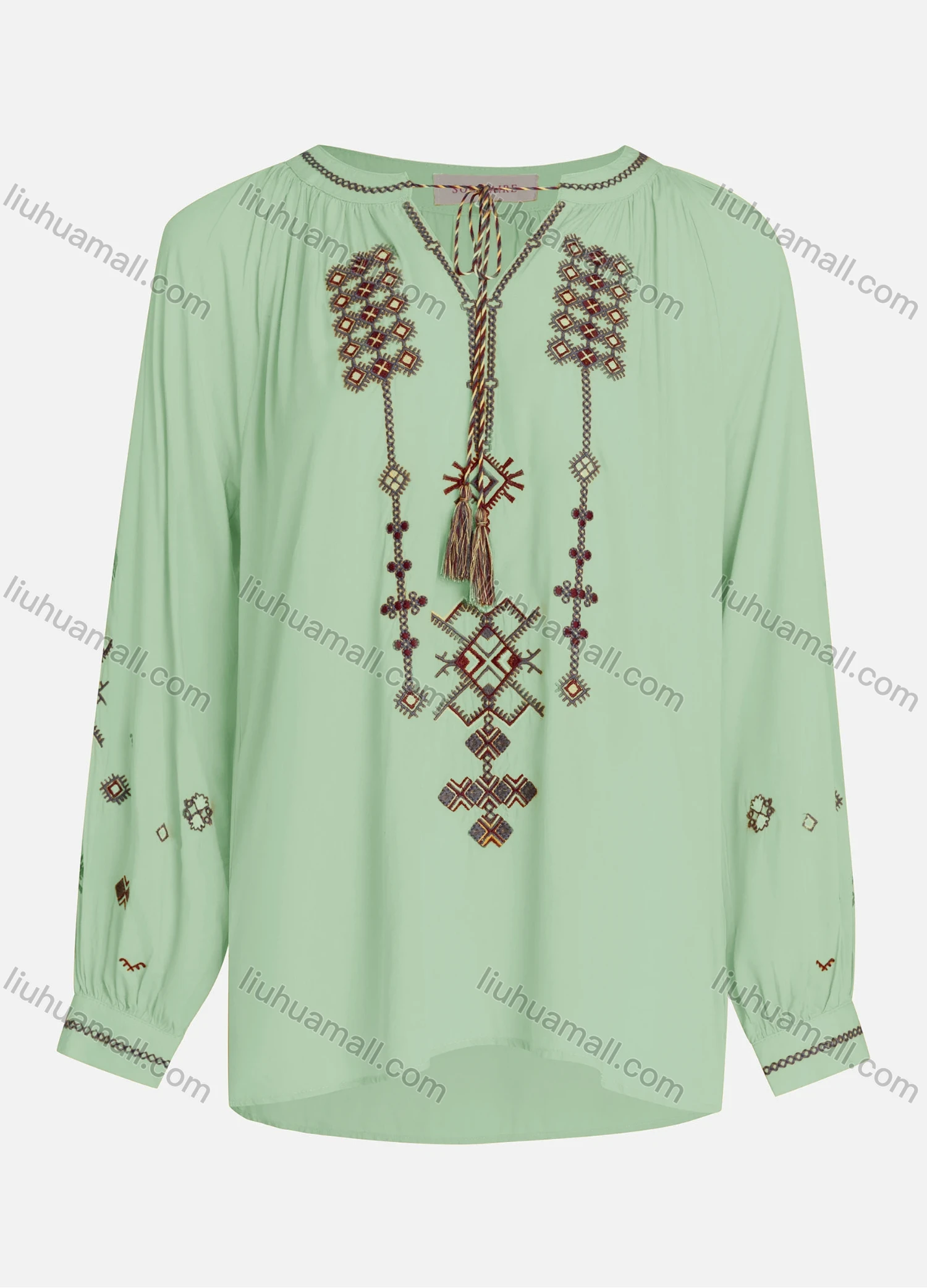 Wholesale Women's Casual Vintage Embroidery Notched Tie Neck Long Sleeve Blouse - Liuhuamall