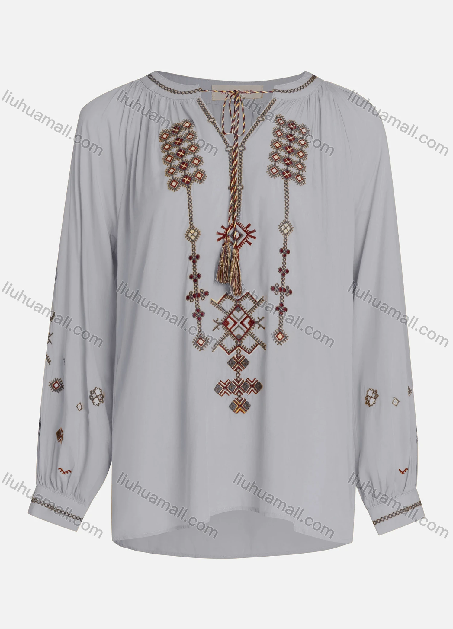 Wholesale Women's Casual Vintage Embroidery Notched Tie Neck Long Sleeve Blouse - Liuhuamall