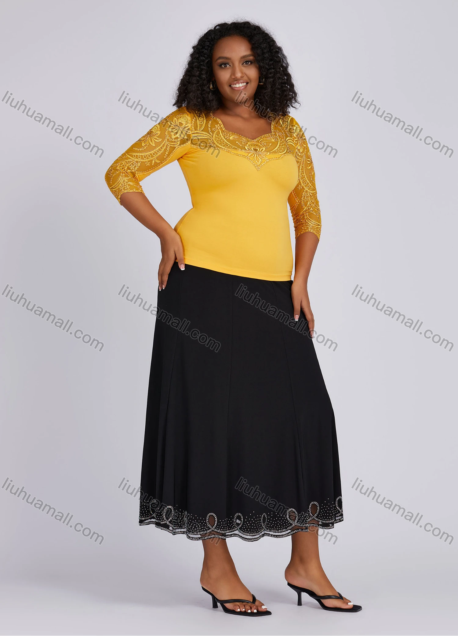 Wholesale Women's Casual Sweetheart Neck Embroidery 3/4 Sleeve Blouse KJ53526# - Liuhuamall