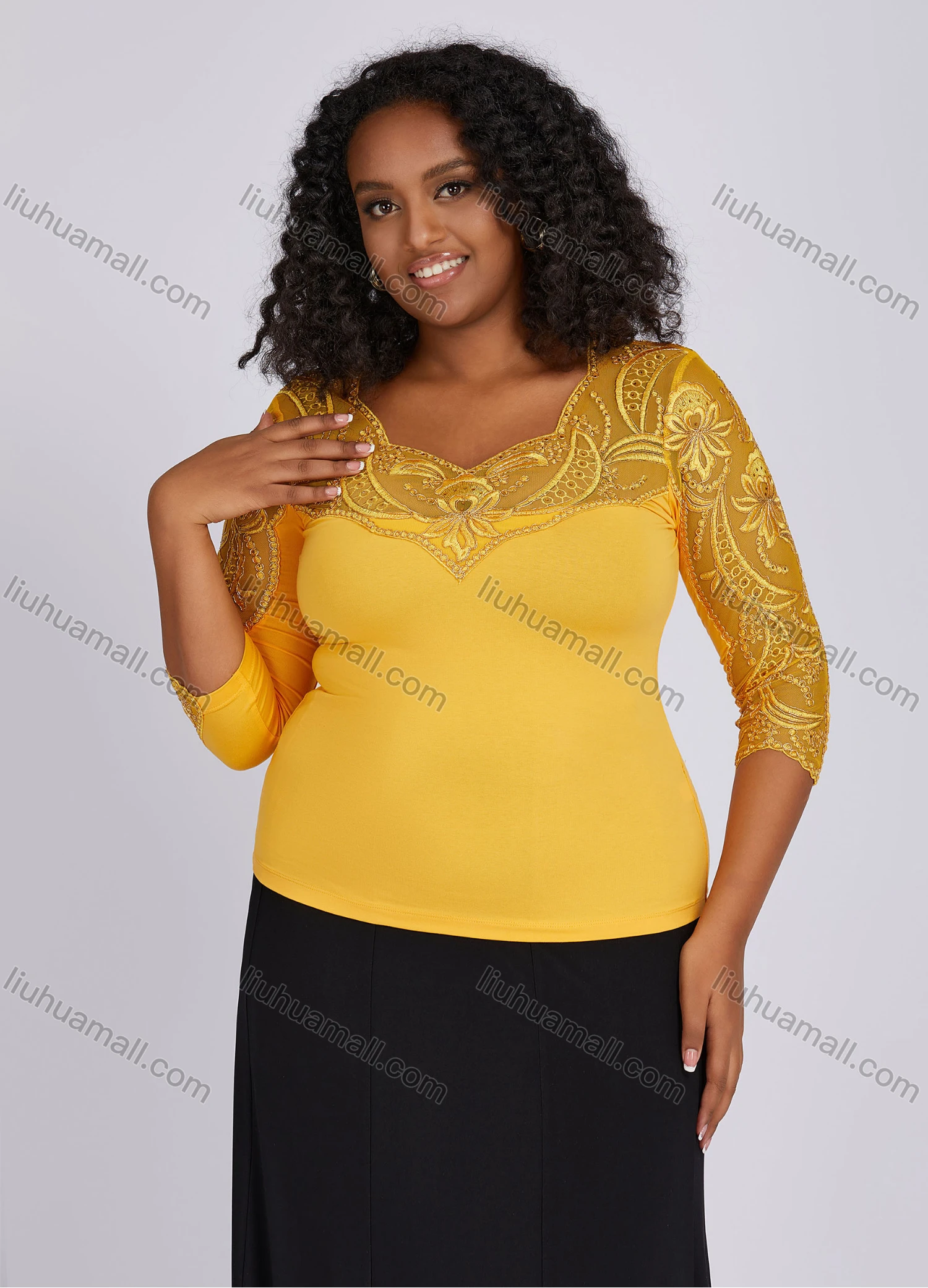 Wholesale Women's Casual Sweetheart Neck Embroidery 3/4 Sleeve Blouse KJ53526# - Liuhuamall