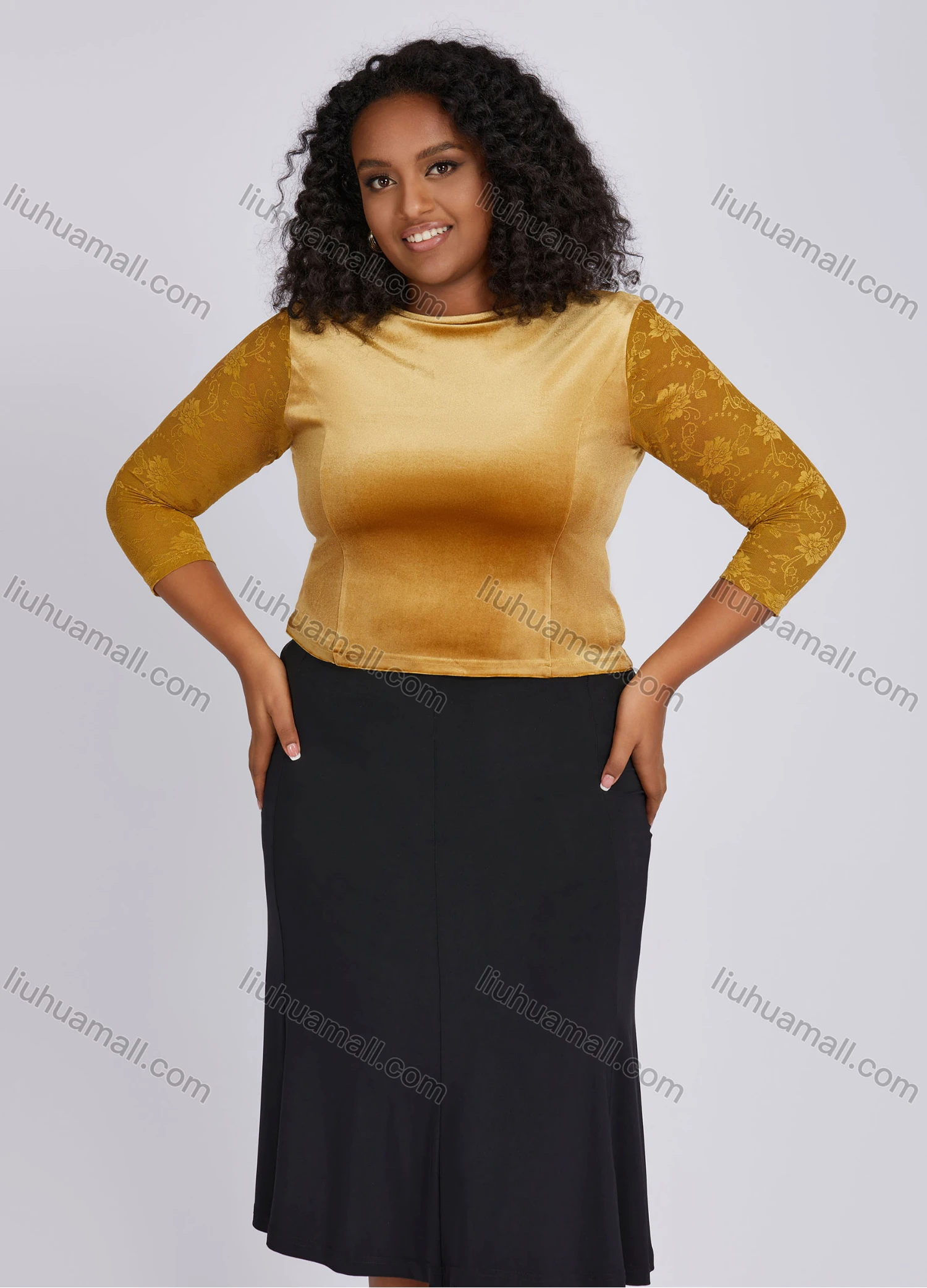 Wholesale Women's Casual Velvet Round Neck Mesh Floral Embroidery 3/4 Sleeve Blouse KJ53701# - Liuhuamall