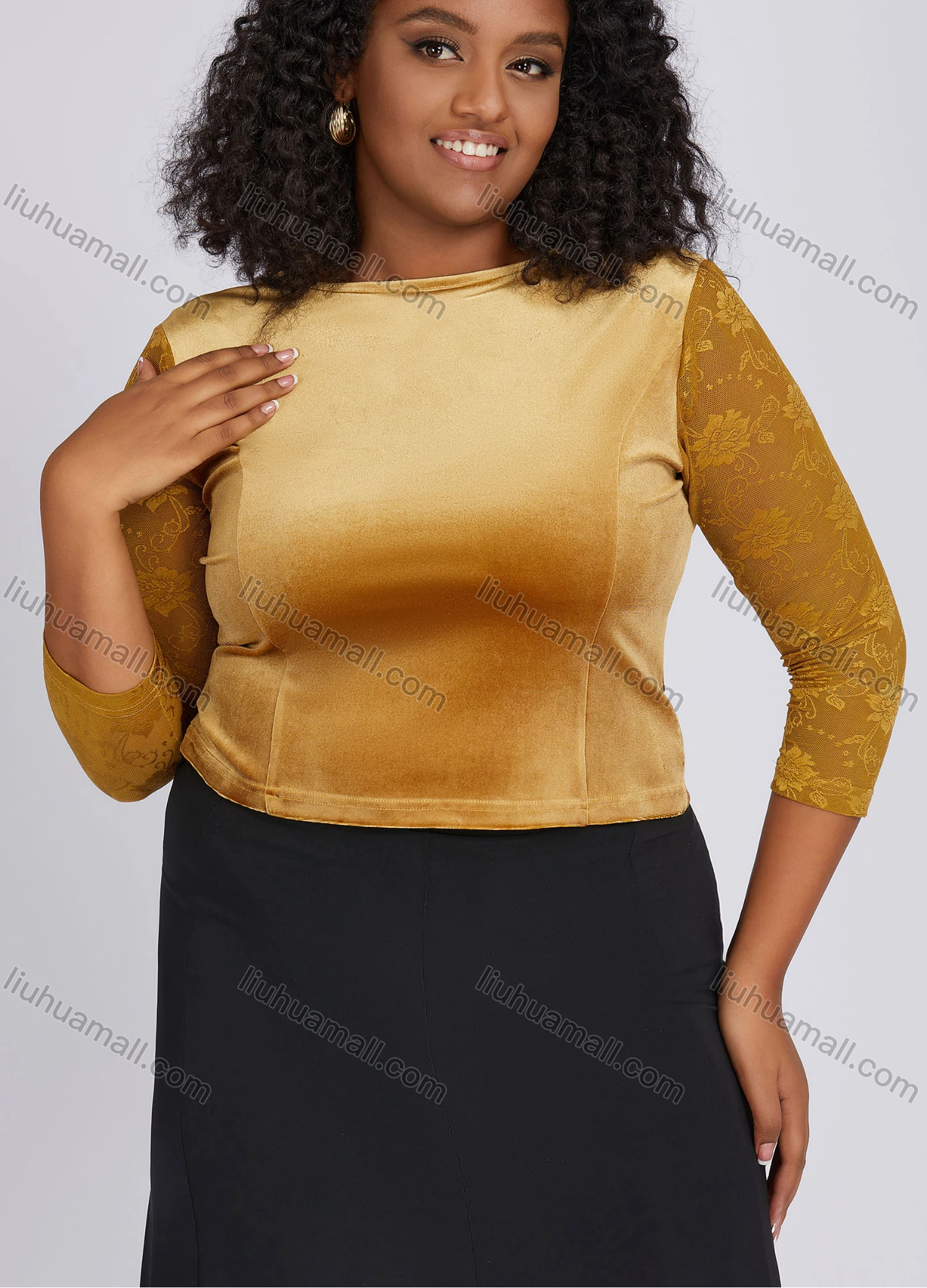 Wholesale Women's Casual Velvet Round Neck Mesh Floral Embroidery 3/4 Sleeve Blouse KJ53701# - Liuhuamall