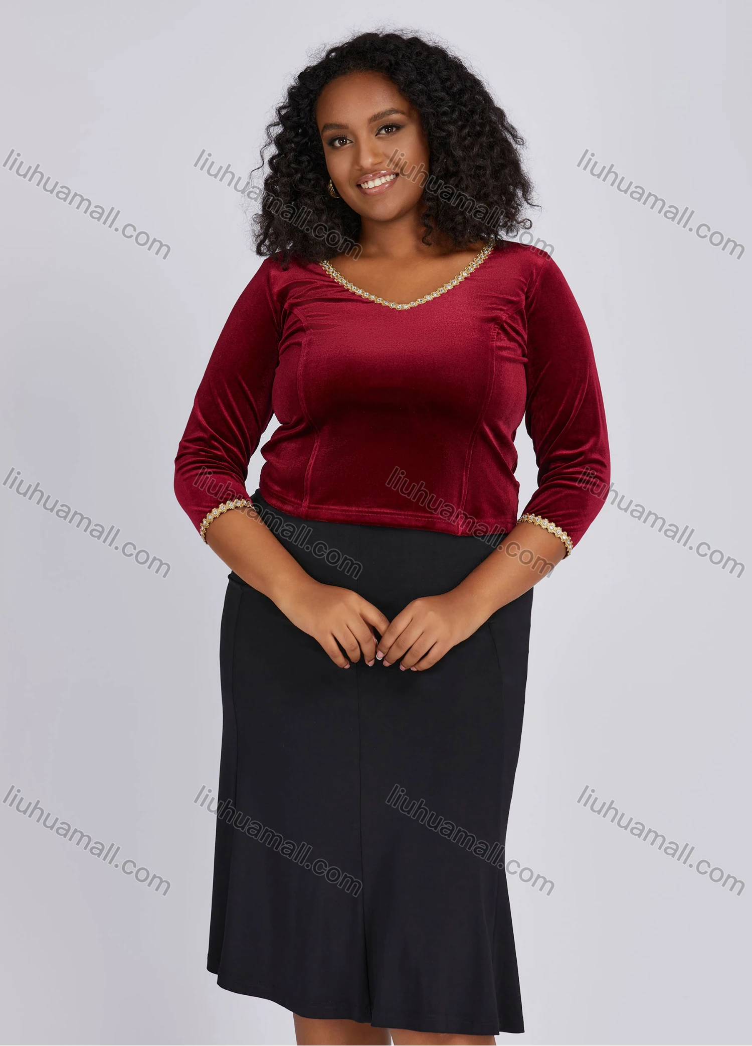 Wholesale Women's Casual Plain Rhinestone Trim V Neck Velvet 3/4 Sleeve Blouse KJ53705# - Liuhuamall