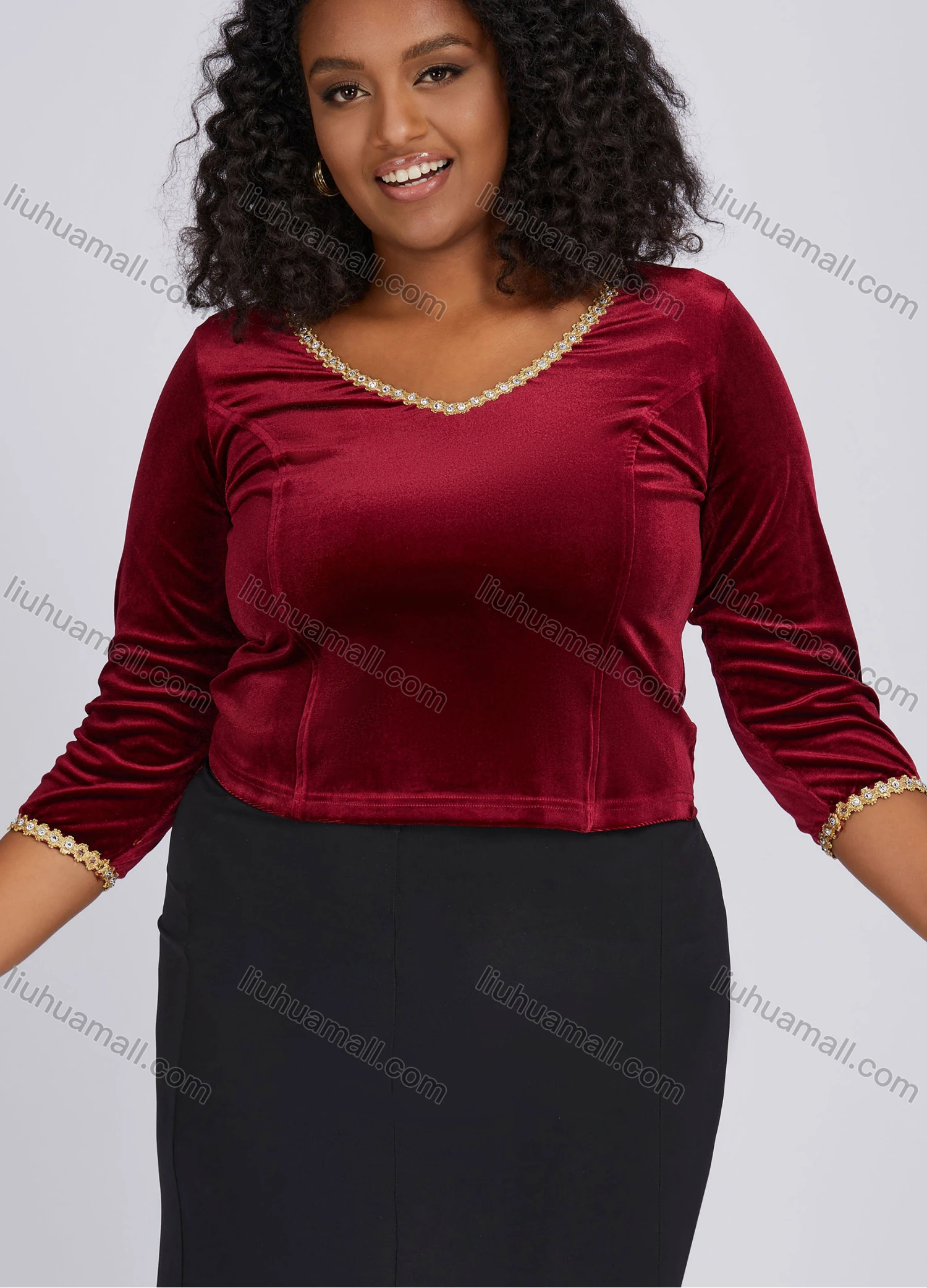 Wholesale Women's Casual Plain Rhinestone Trim V Neck Velvet 3/4 Sleeve Blouse KJ53705# - Liuhuamall