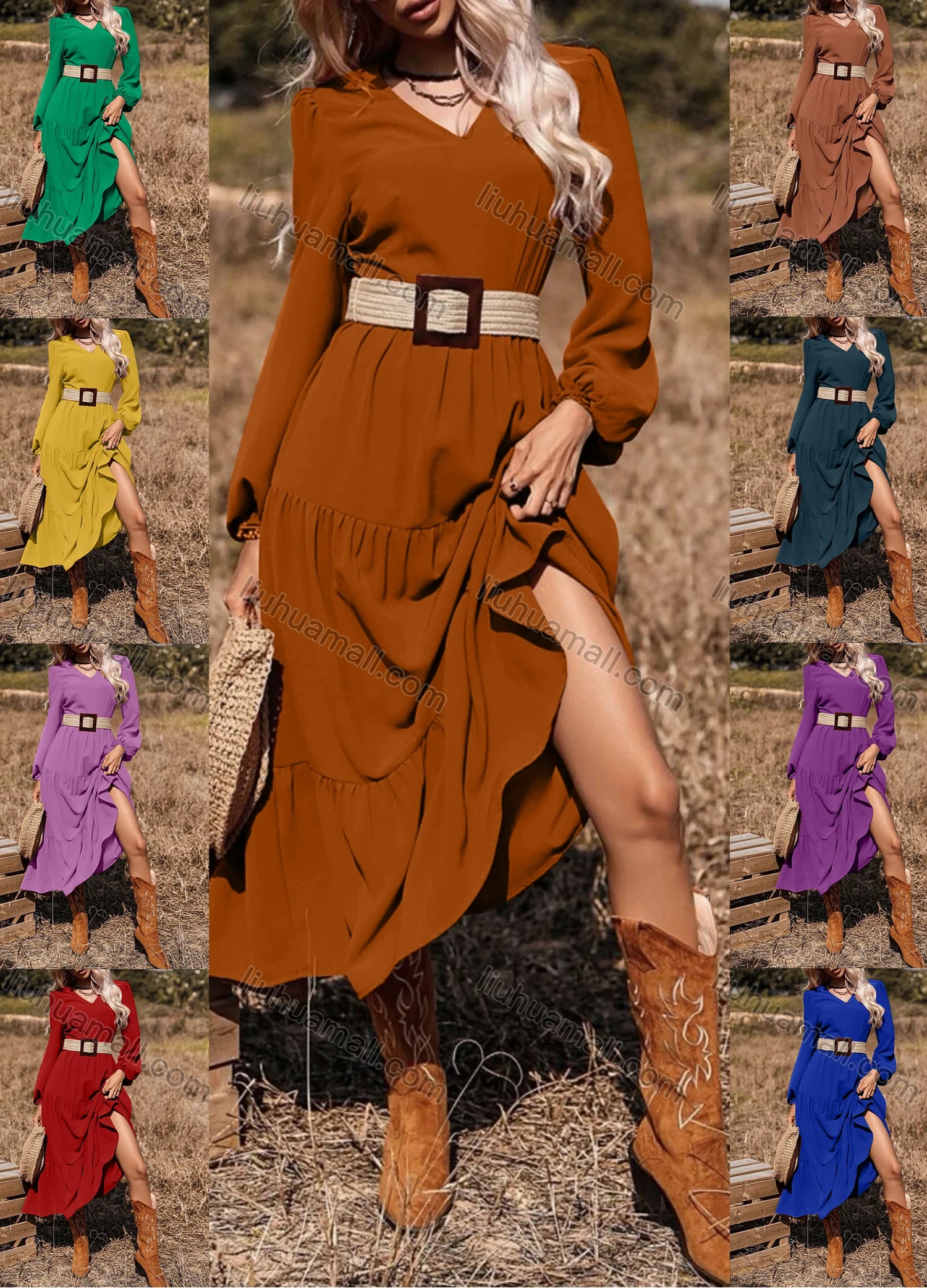 Wholesale Women's Casual Elegant Plain V Neck Long Sleeve Ruffle Hem Maxi Dress With Belt ZX-57# - Liuhuamall