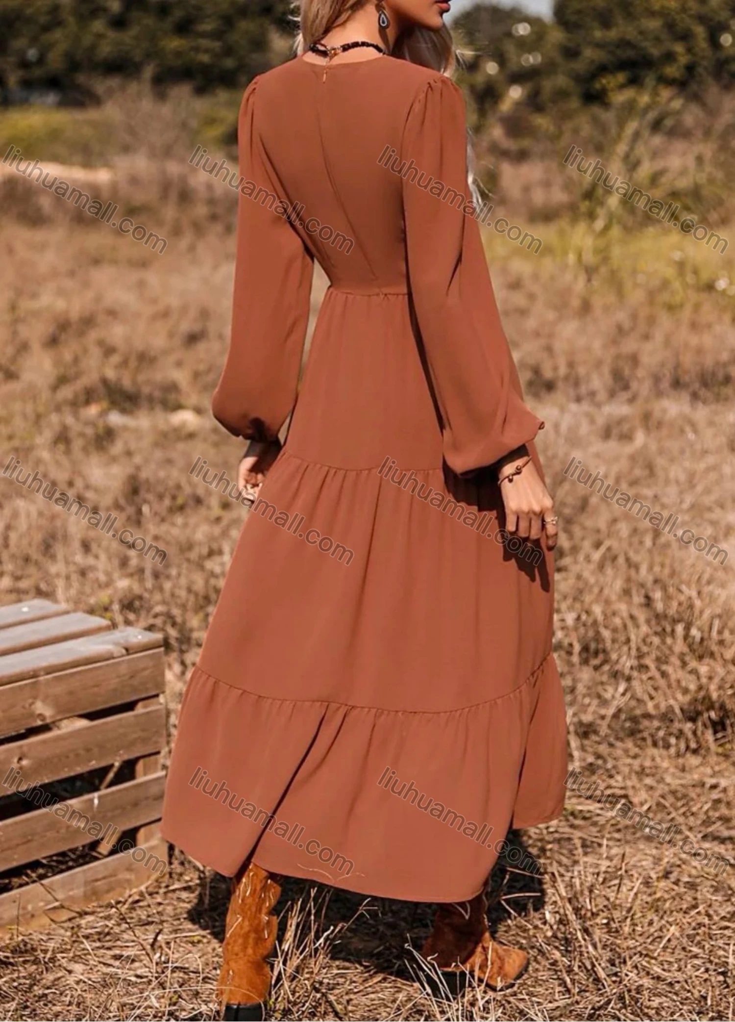 Wholesale Women's Casual Elegant Plain V Neck Long Sleeve Ruffle Hem Maxi Dress With Belt ZX-57# - Liuhuamall