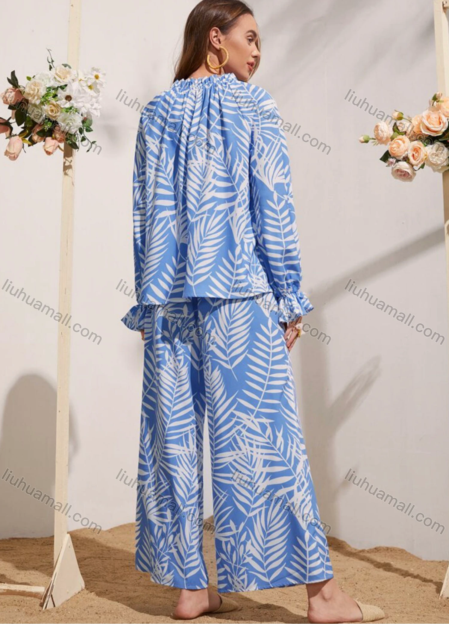 Wholesale Women's Casual Leaves Print Tie Neck Long Sleeve Tops & High Waist Ankle Length Pants With Belt 2 Piece Set ZX-60# - Liuhuamall