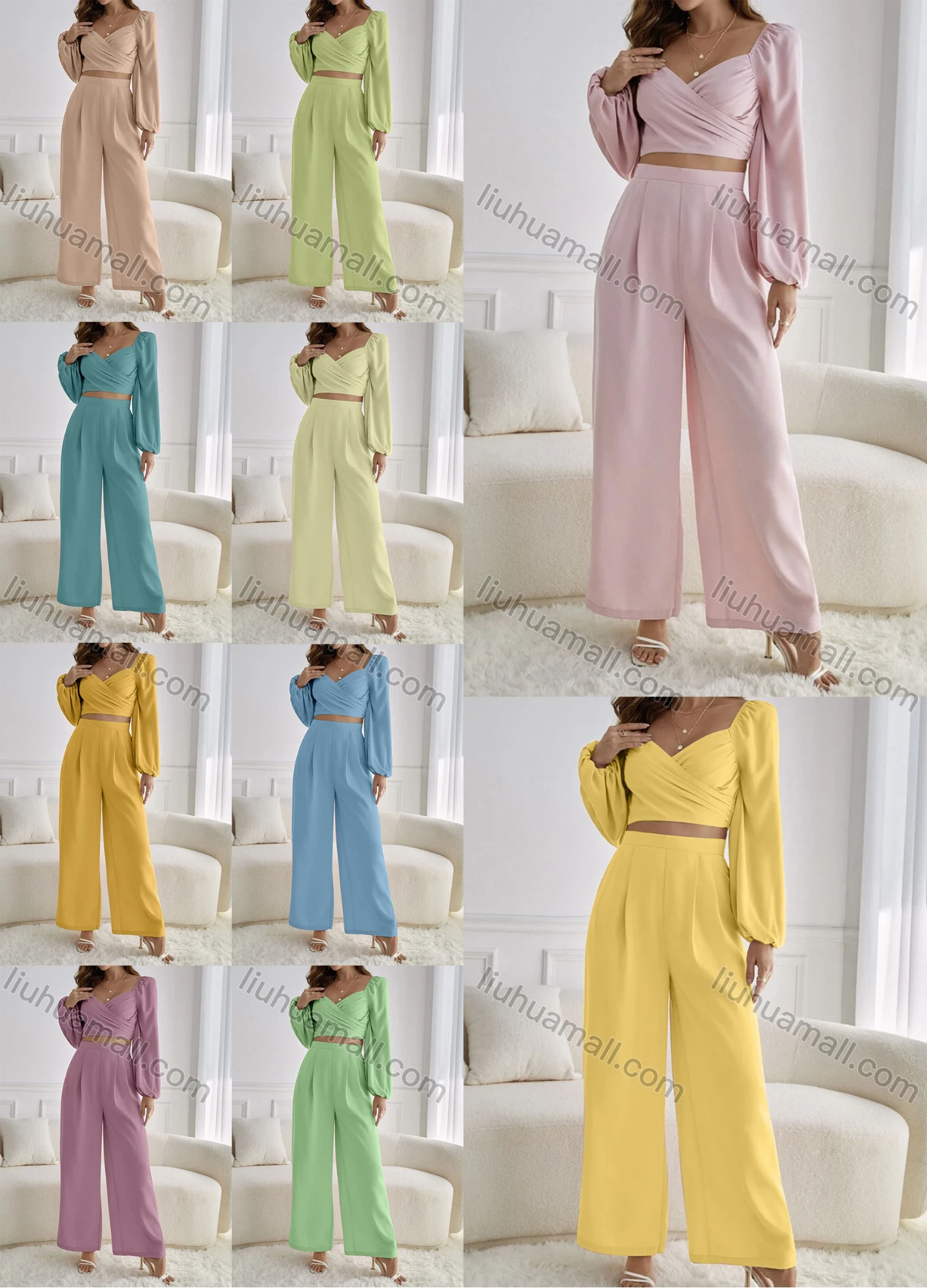 Wholesale Women's Plain Wrap V Neck Shirred Long Sleeve Crop Tops & High Waist Wide Leg Ankle Length Pants 2 Piece Set ZX-63# - Liuhuamall