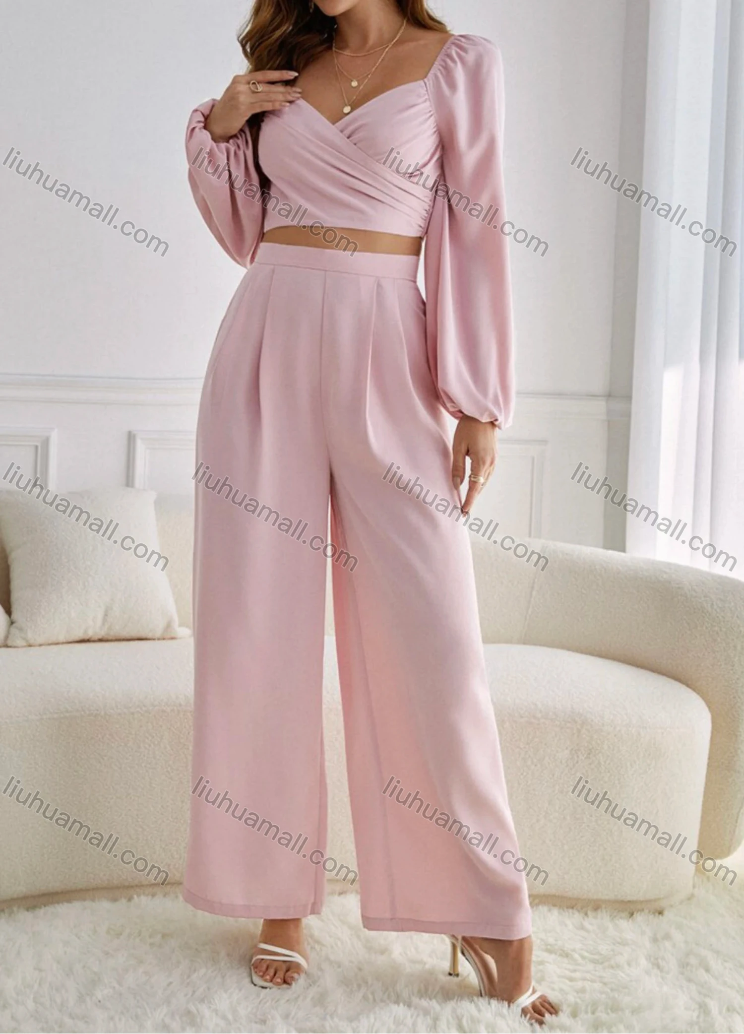 Wholesale Women's Plain Wrap V Neck Shirred Long Sleeve Crop Tops & High Waist Wide Leg Ankle Length Pants 2 Piece Set ZX-63# - Liuhuamall