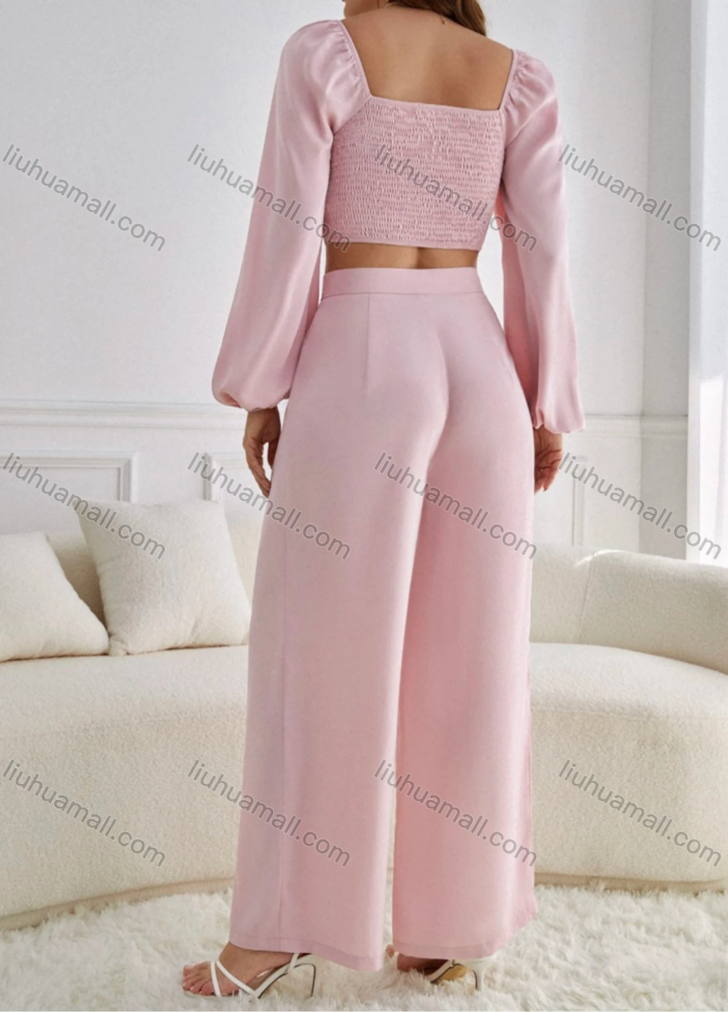 Wholesale Women's Plain Wrap V Neck Shirred Long Sleeve Crop Tops & High Waist Wide Leg Ankle Length Pants 2 Piece Set ZX-63# - Liuhuamall