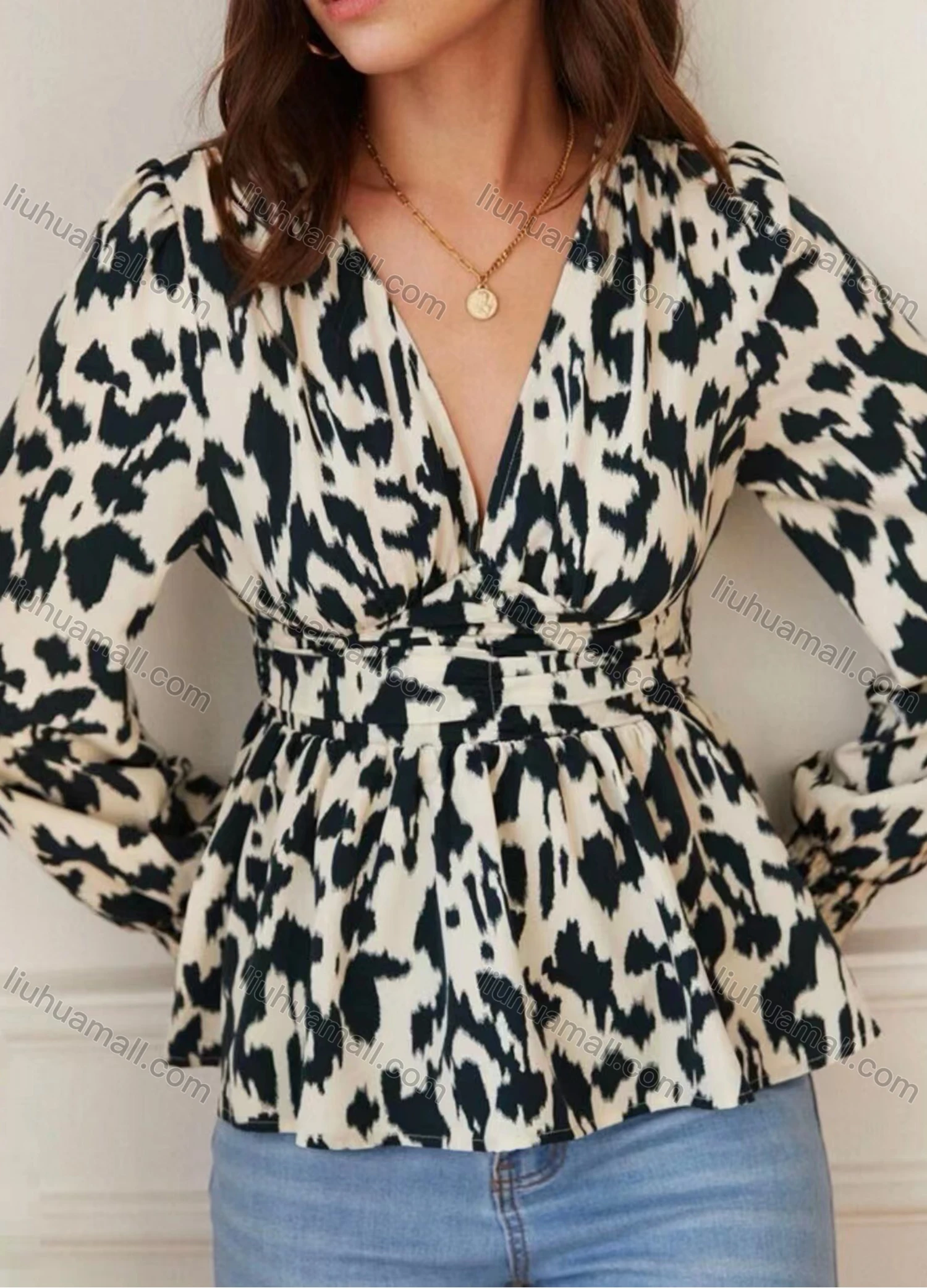Wholesale Women's Casual Leopard Print V Neck Long Sleeve Elastic Waist Blouse ZX-65# - Liuhuamall