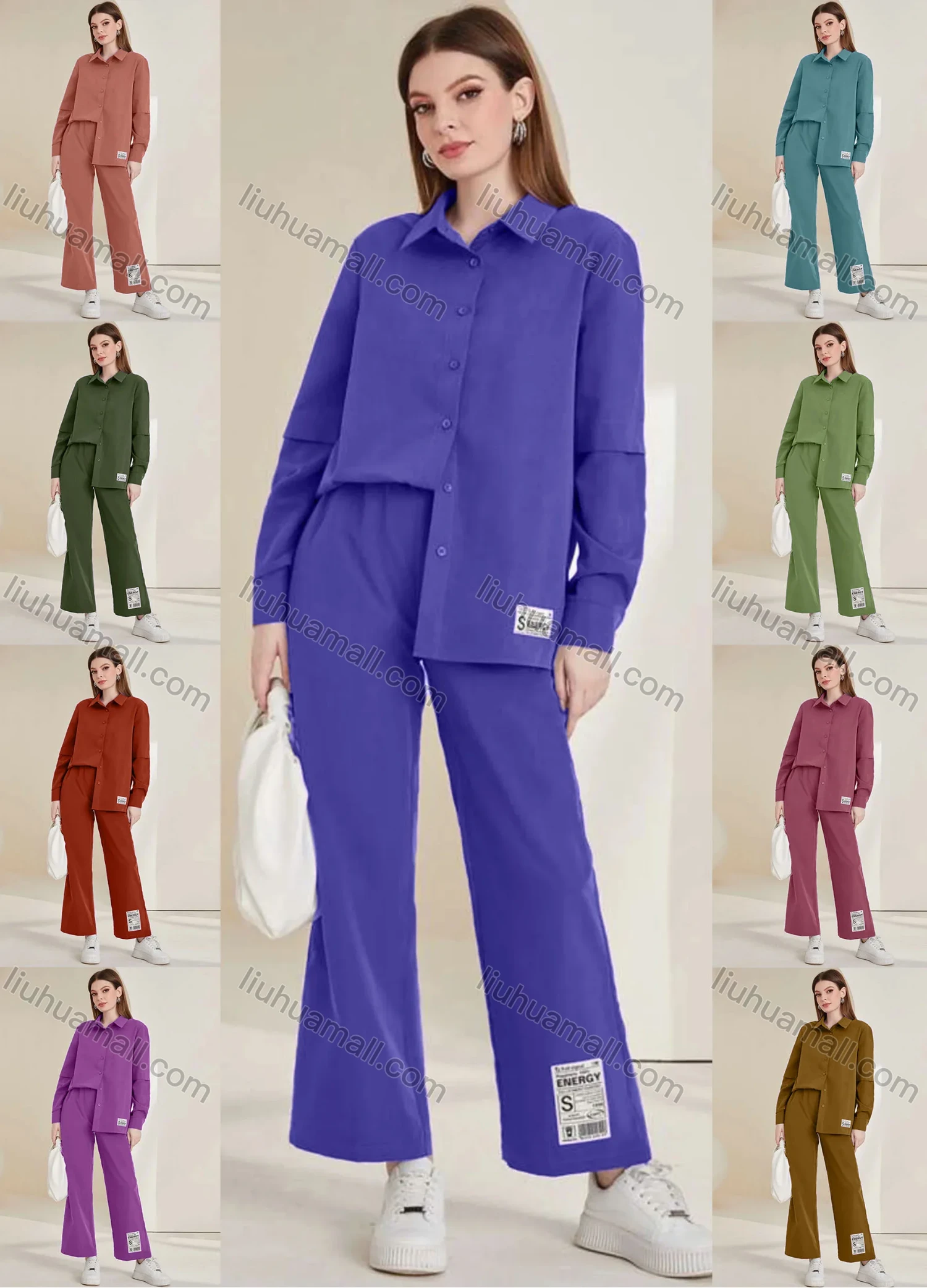 Wholesale Women's Casual Plain Long Sleeve Labelled Shirts & Wide Leg Pants 2 Piece Set ZX-68# - Liuhuamall