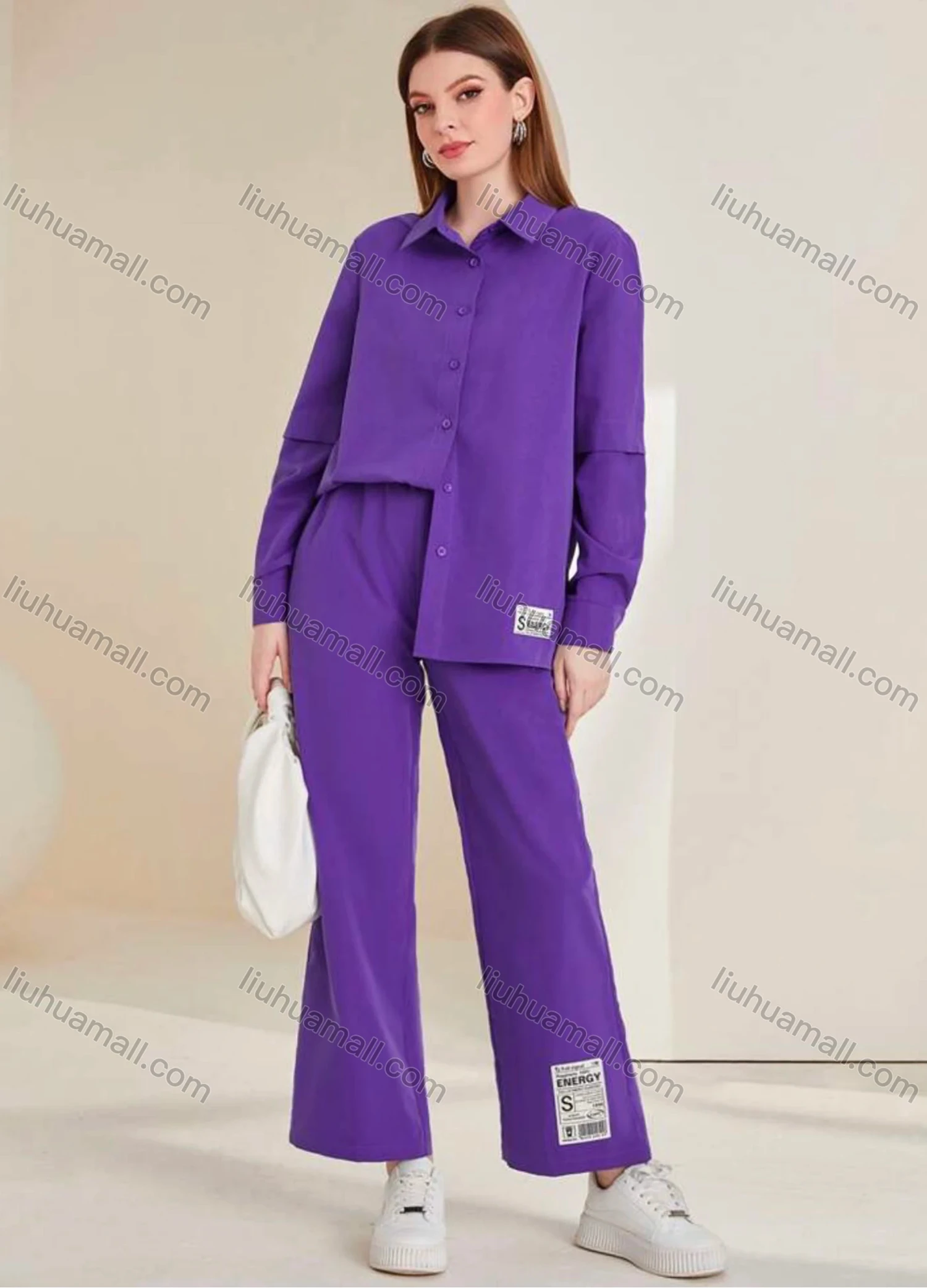 Wholesale Women's Casual Plain Long Sleeve Labelled Shirts & Wide Leg Pants 2 Piece Set ZX-68# - Liuhuamall