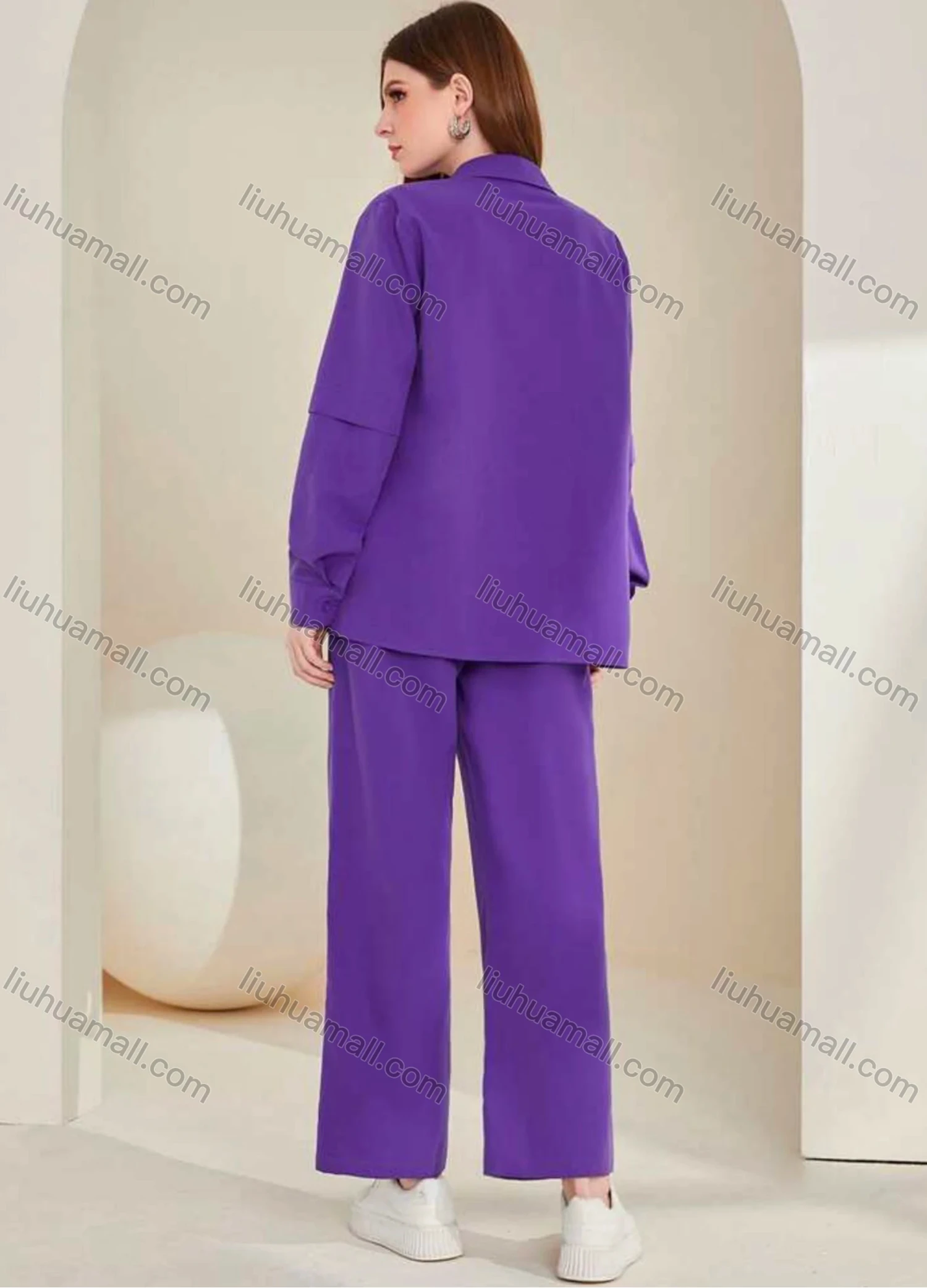 Wholesale Women's Casual Plain Long Sleeve Labelled Shirts & Wide Leg Pants 2 Piece Set ZX-68# - Liuhuamall