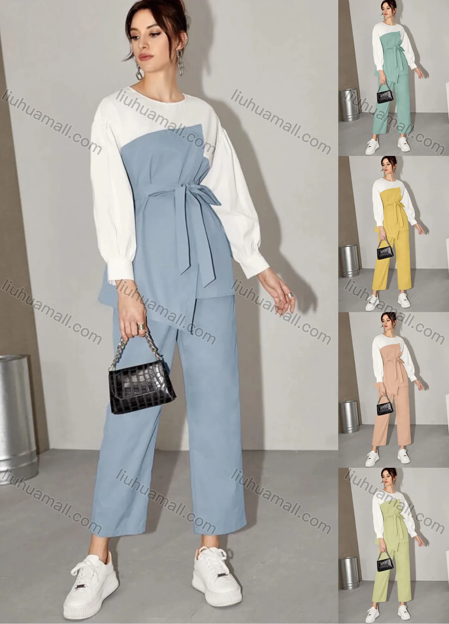 Wholesale Women's Casual Colorblock Round Neck Long Sleeve Blouse With Belt & Wide Leg Pants 2 Piece Set - Liuhuamall