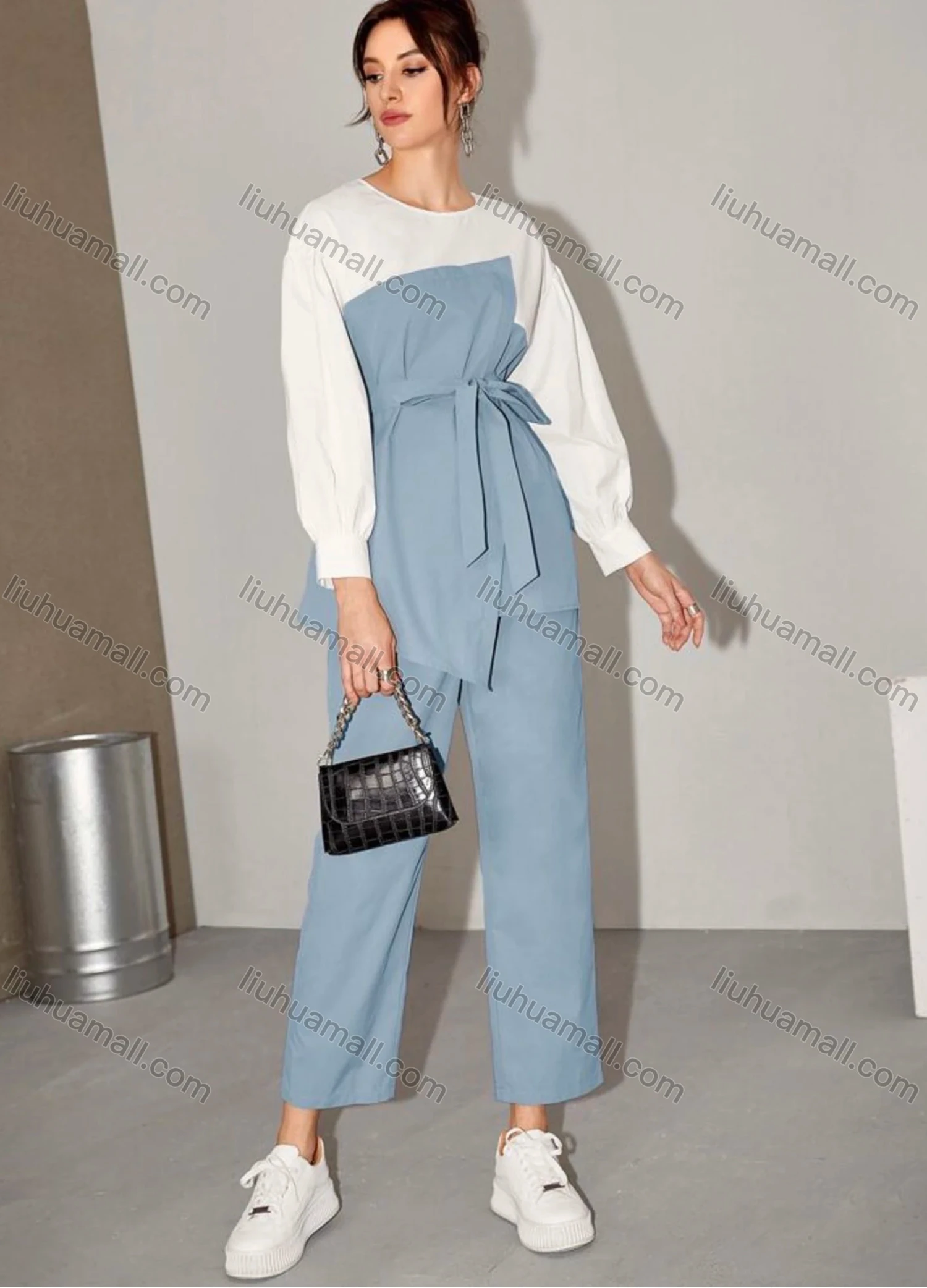 Wholesale Women's Casual Colorblock Round Neck Long Sleeve Blouse With Belt & Wide Leg Pants 2 Piece Set - Liuhuamall