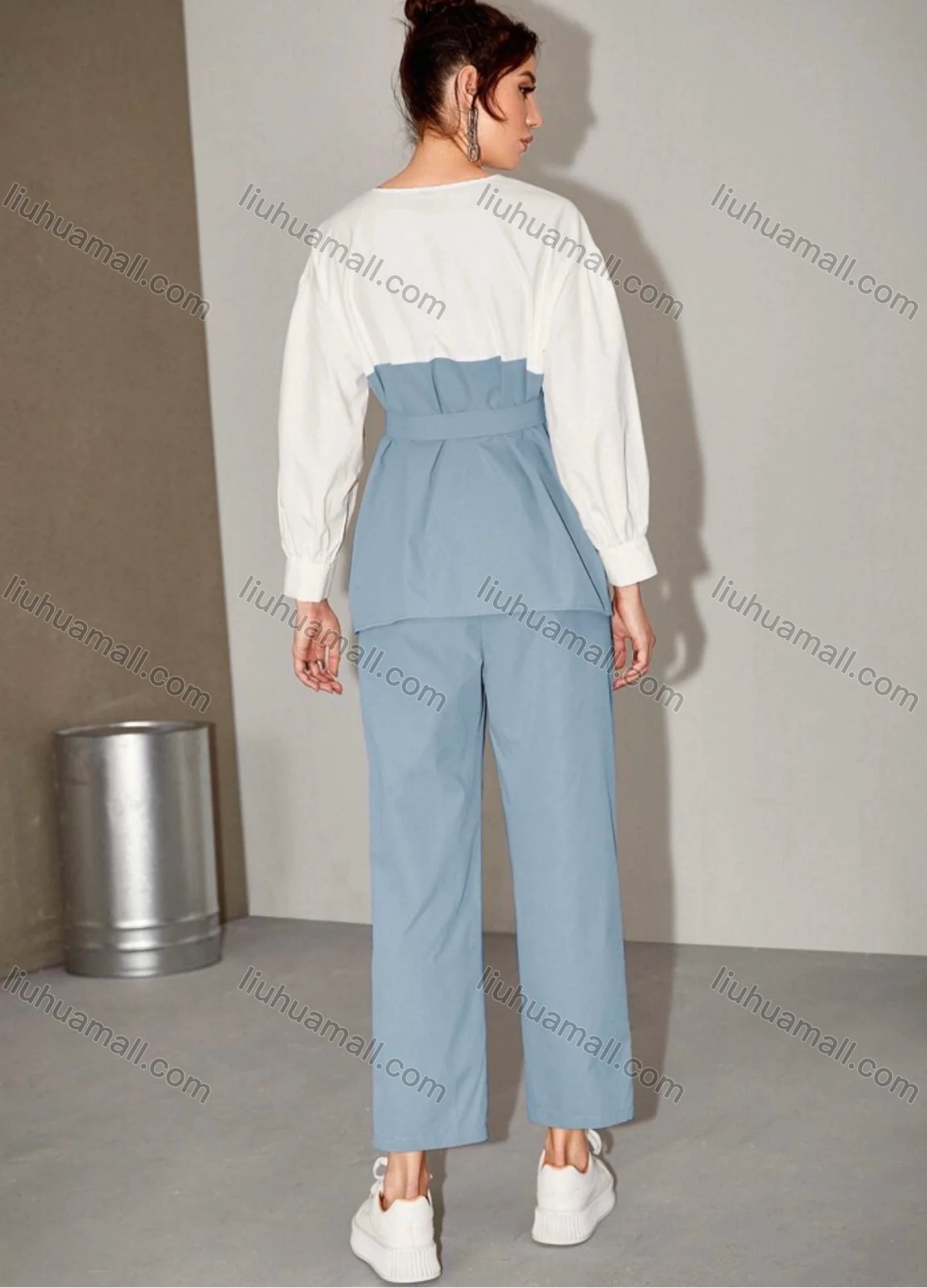 Wholesale Women's Casual Colorblock Round Neck Long Sleeve Blouse With Belt & Wide Leg Pants 2 Piece Set - Liuhuamall