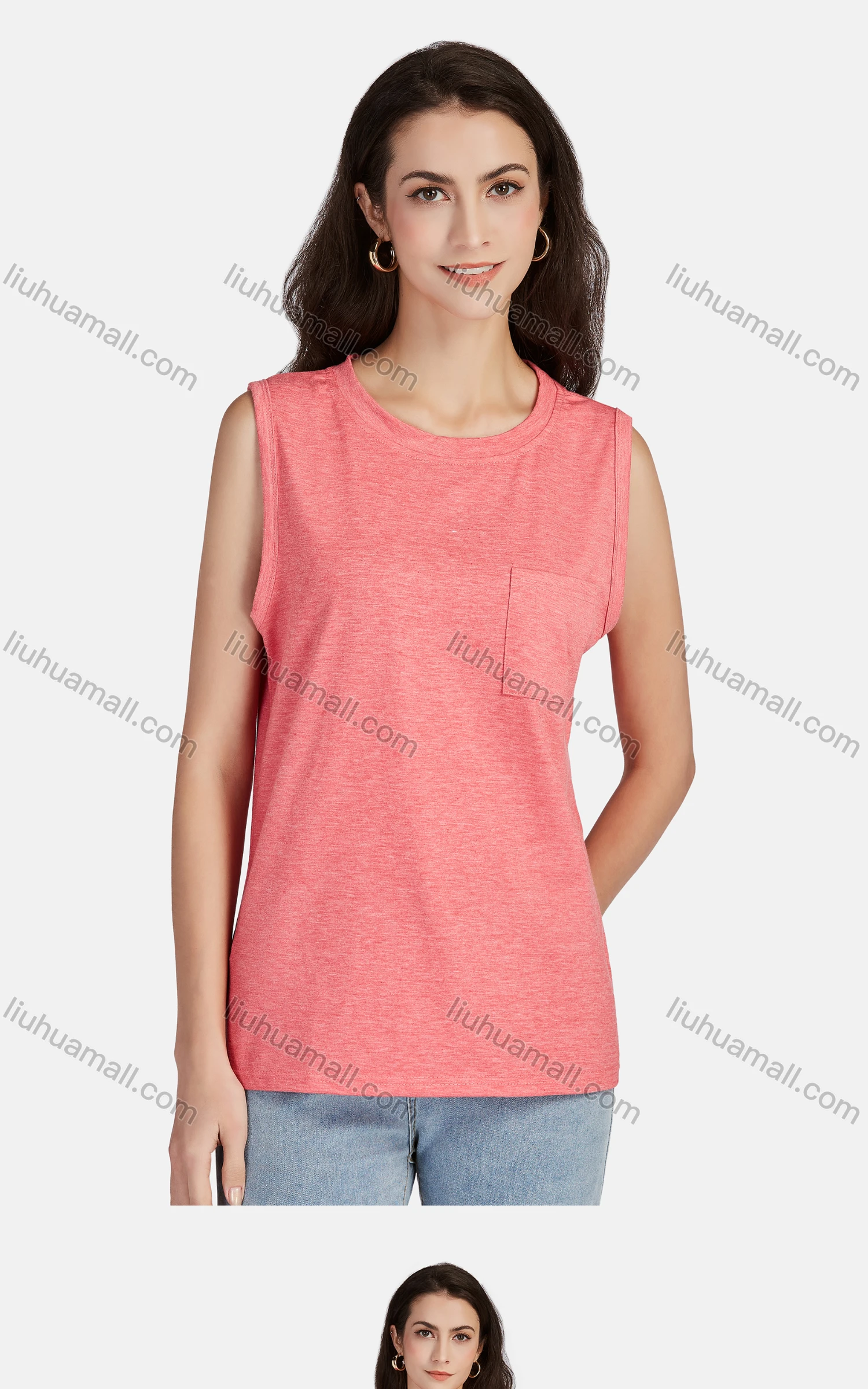 Wholesale Women's Casual Plain Crew Neck Patch Pockets Tank Top - Liuhuamall