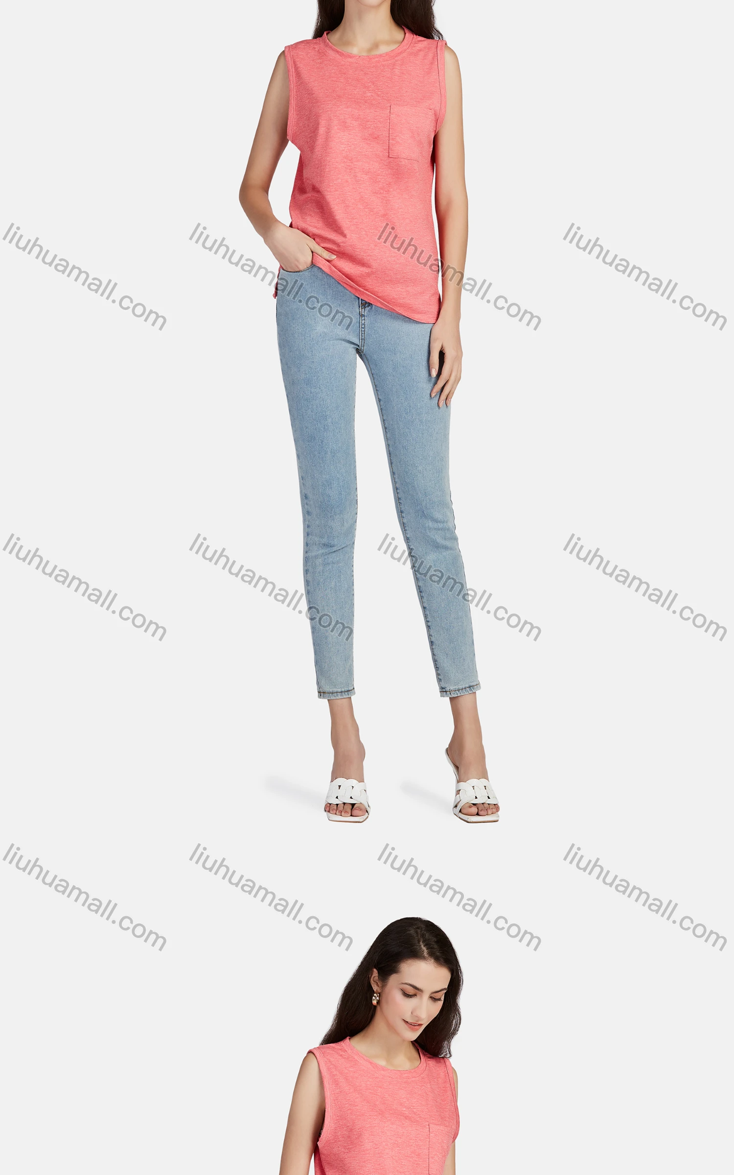 Wholesale Women's Casual Plain Crew Neck Patch Pockets Tank Top - Liuhuamall