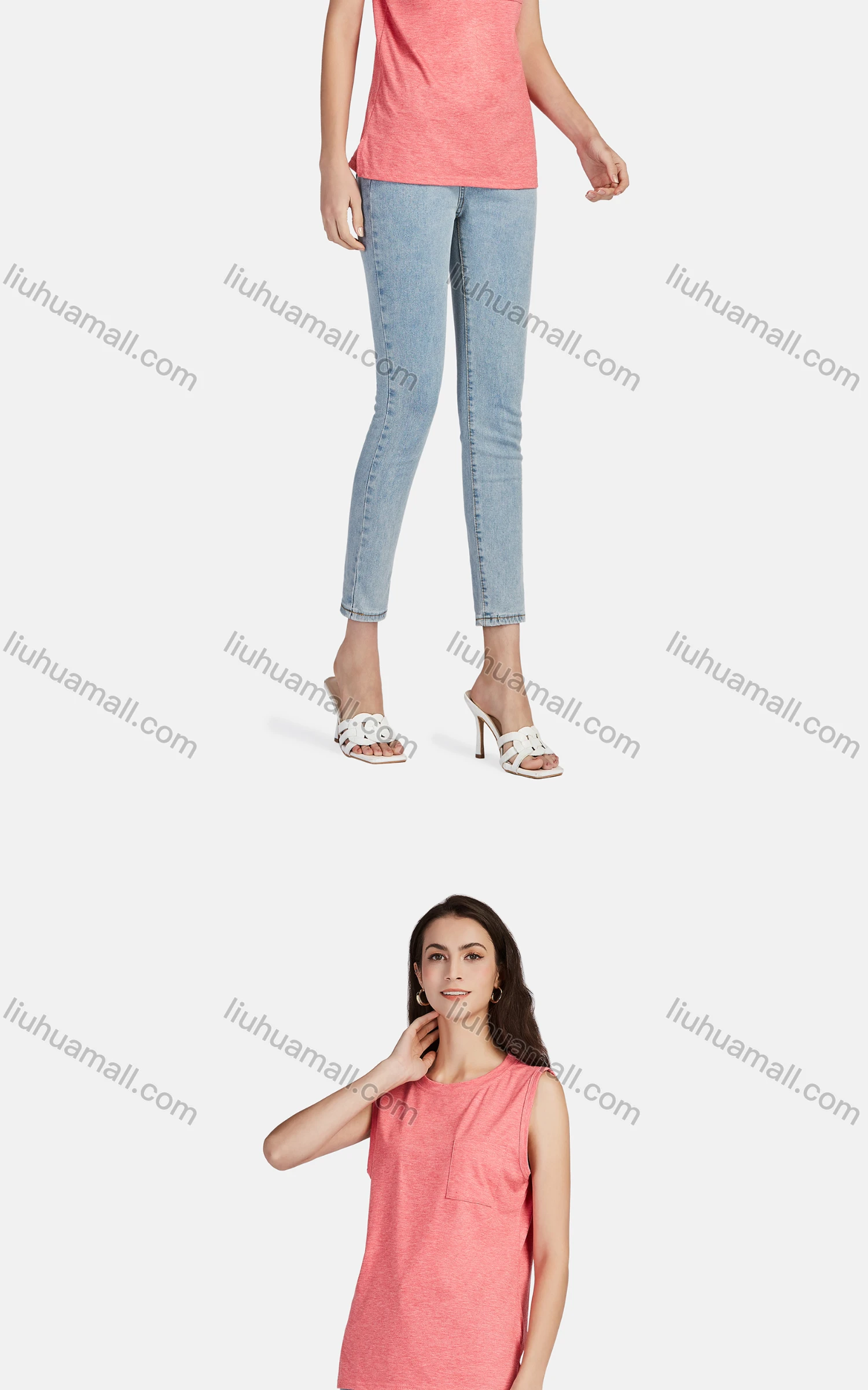 Wholesale Women's Casual Plain Crew Neck Patch Pockets Tank Top - Liuhuamall