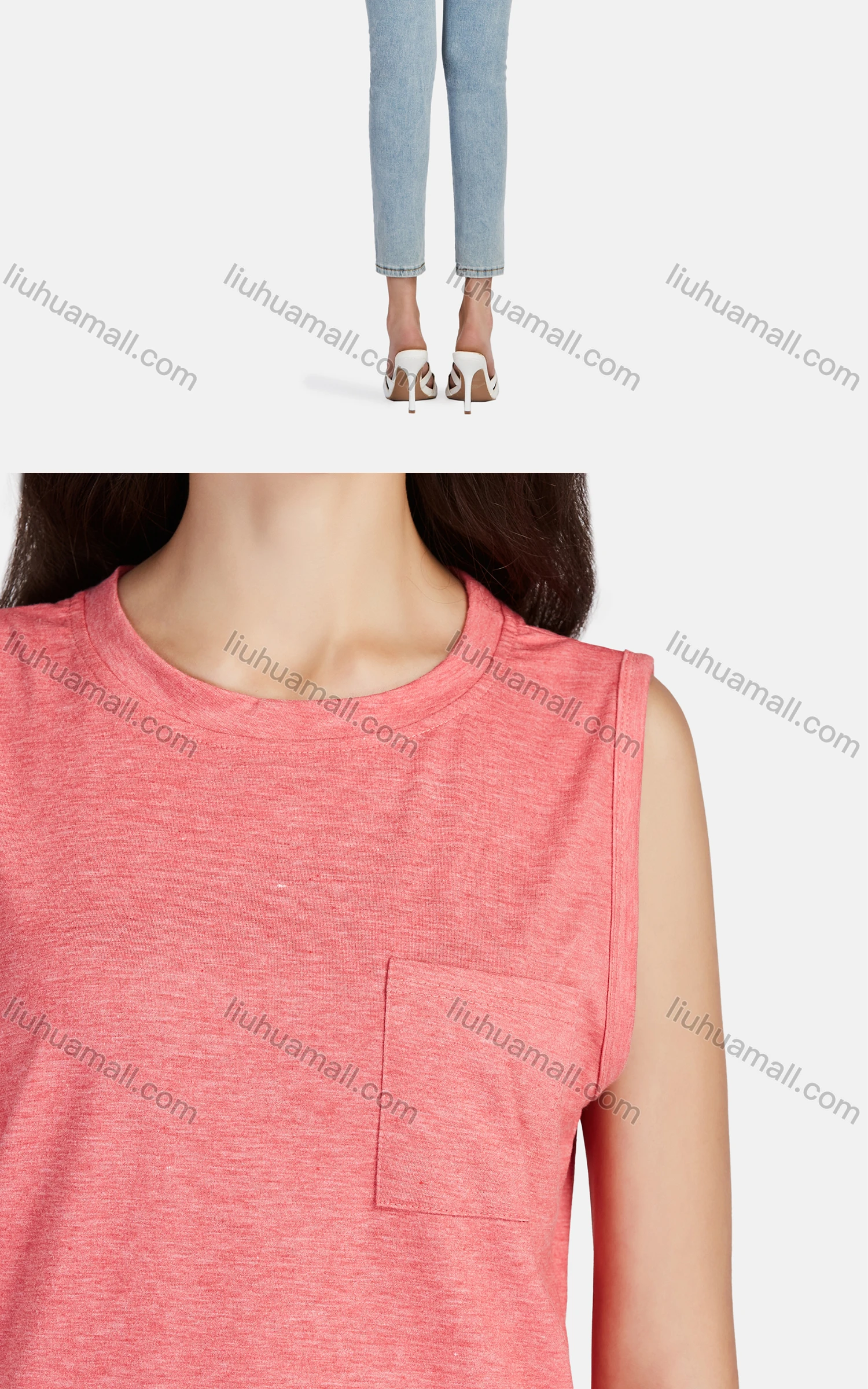 Wholesale Women's Casual Plain Crew Neck Patch Pockets Tank Top - Liuhuamall