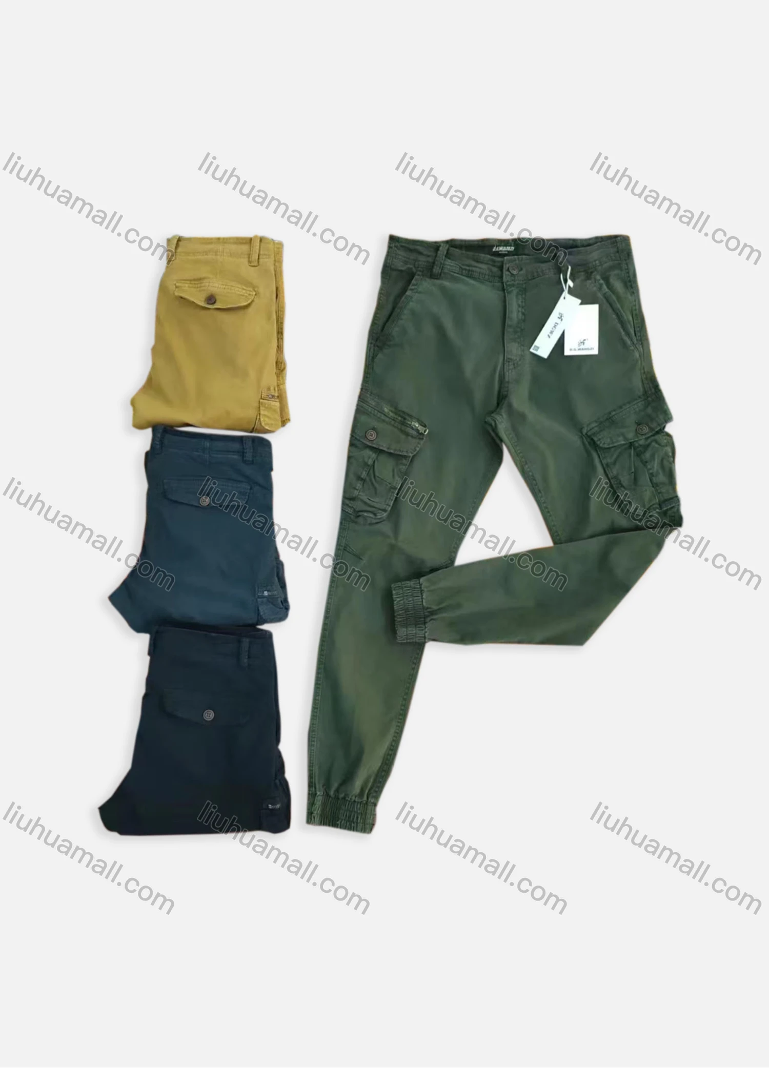 Wholesale Men's Casual Plain Multiple Pockets Button Closure Cargo Pants 1860# - Liuhuamall