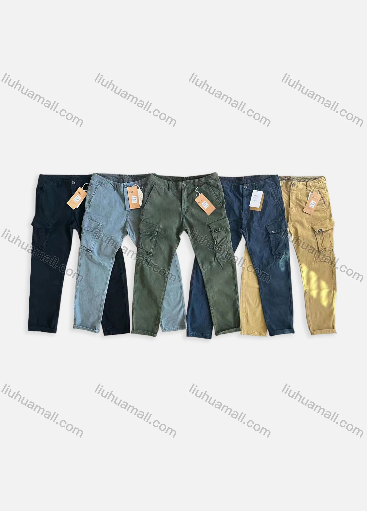 Wholesale Men's Casual Plain Multiple Pockets Button Closure Cargo Pants 1917# - Liuhuamall