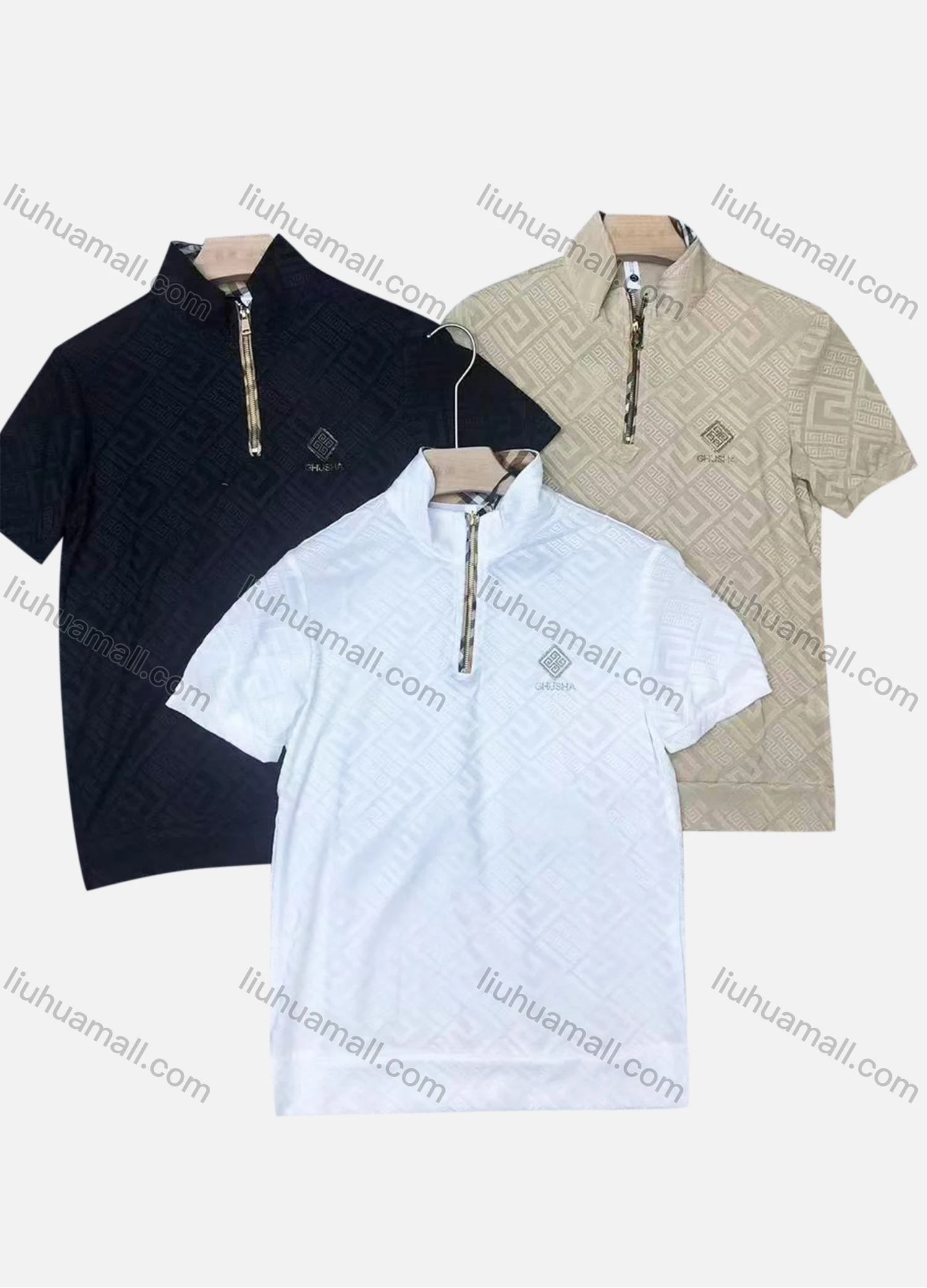 Wholesale Men's Casual Plain Greek Key Texture Quarter Zip Short Sleeve Polo Shirt - Liuhuamall