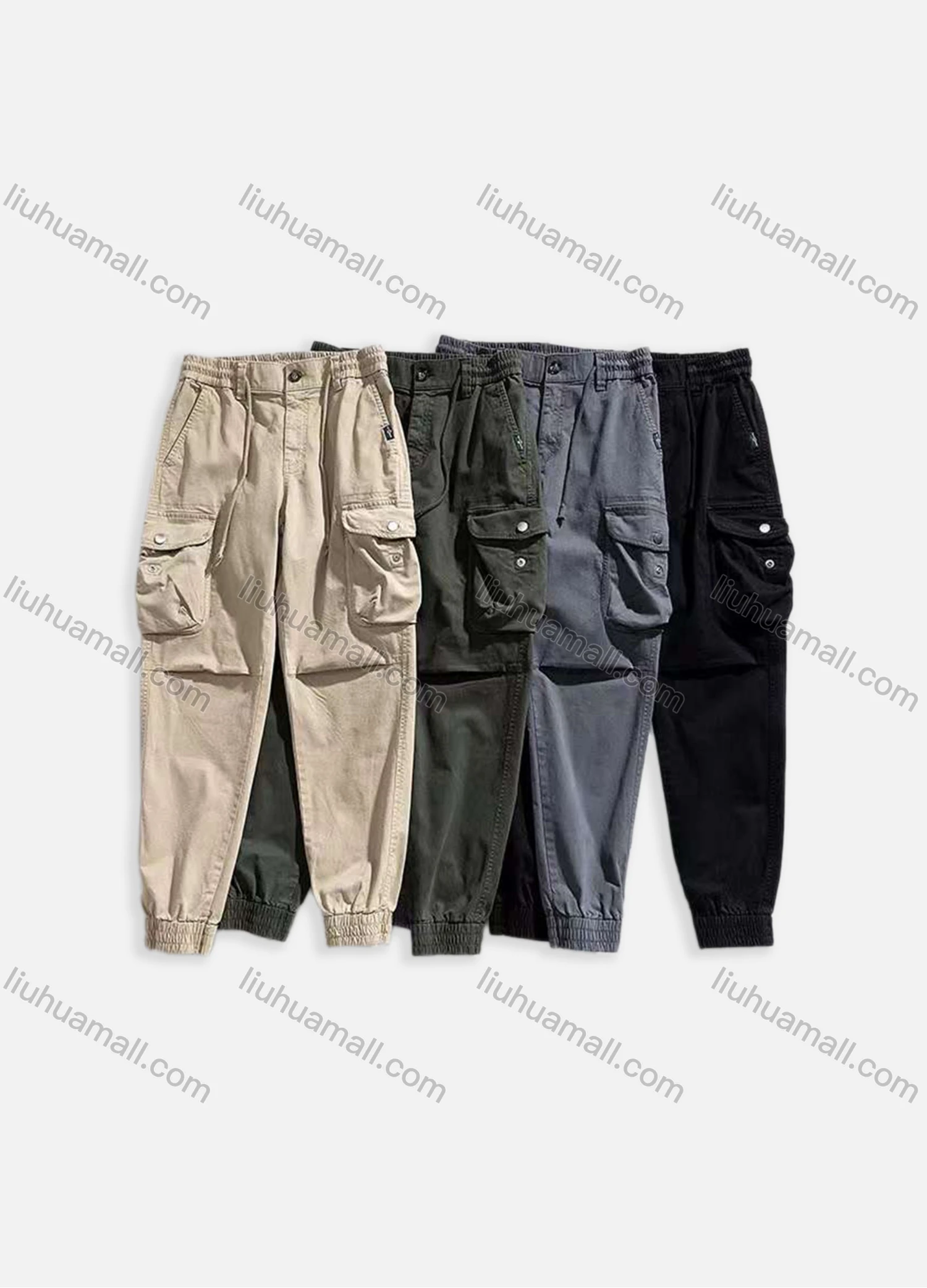 Wholesale Men's Casual Plain Multiple Pockets Button Closure Cargo Pants 8107# - Liuhuamall