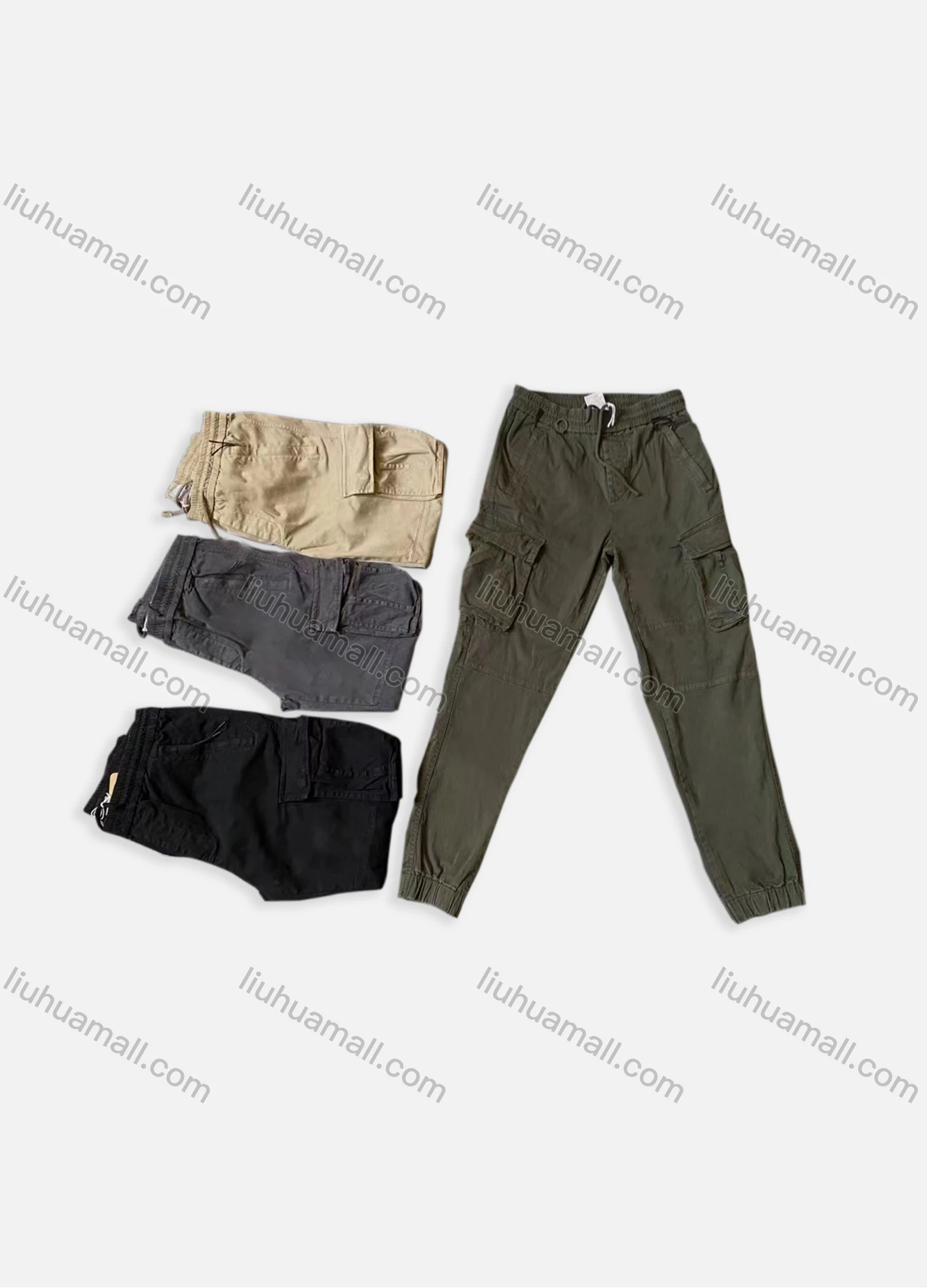 Wholesale Men's Casual Plain Multiple Pockets Elastic Waist Cargo Pants 8606# - Liuhuamall