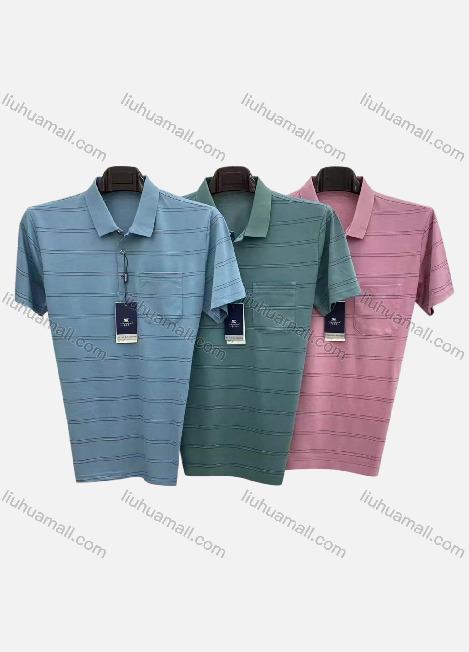 Wholesale Men's Casual Striped Patch Pocket Short Sleeve Polo Shirt - Liuhuamall