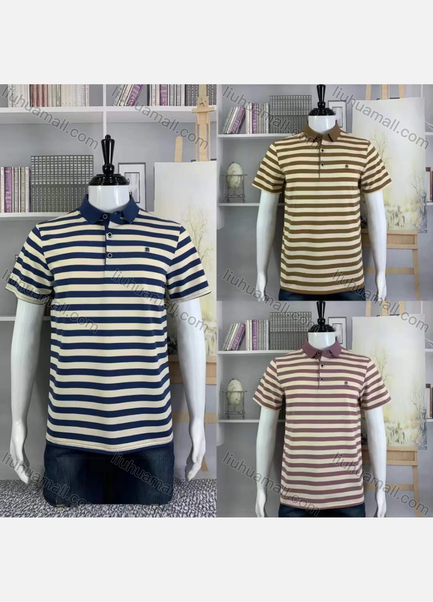Wholesale Men's Casual Striped Logo Short Sleeve Polo Shirt - Liuhuamall