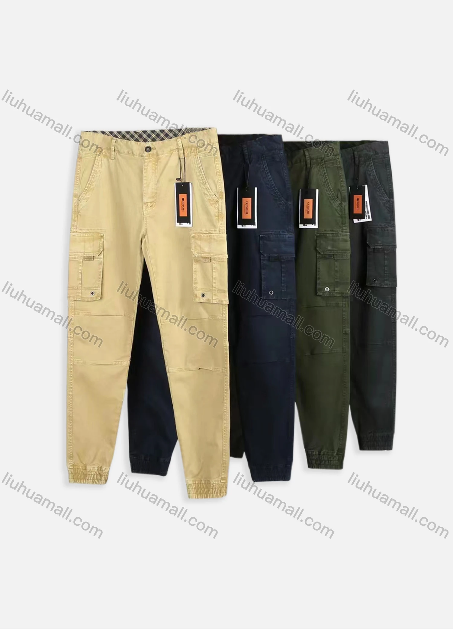 Wholesale Men's Casual Plain Multiple Pockets Button Closure Cargo Pants 8916# - Liuhuamall