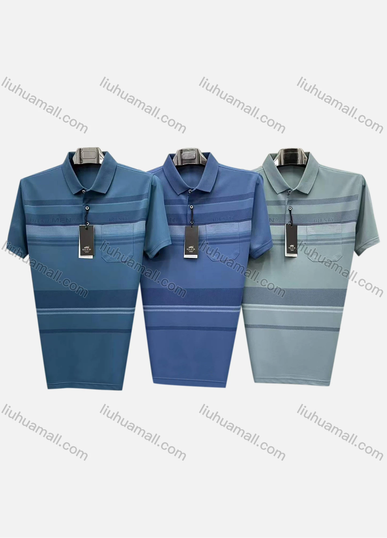 Wholesale Men's Casual Striped Patch Pocket Short Sleeve Polo Shirt - Liuhuamall