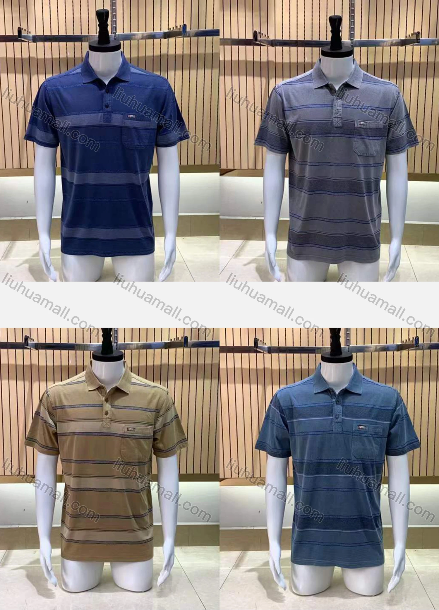 Wholesale Men's Casual Striped Patch Pocket Short Sleeve Polo Shirt - Liuhuamall