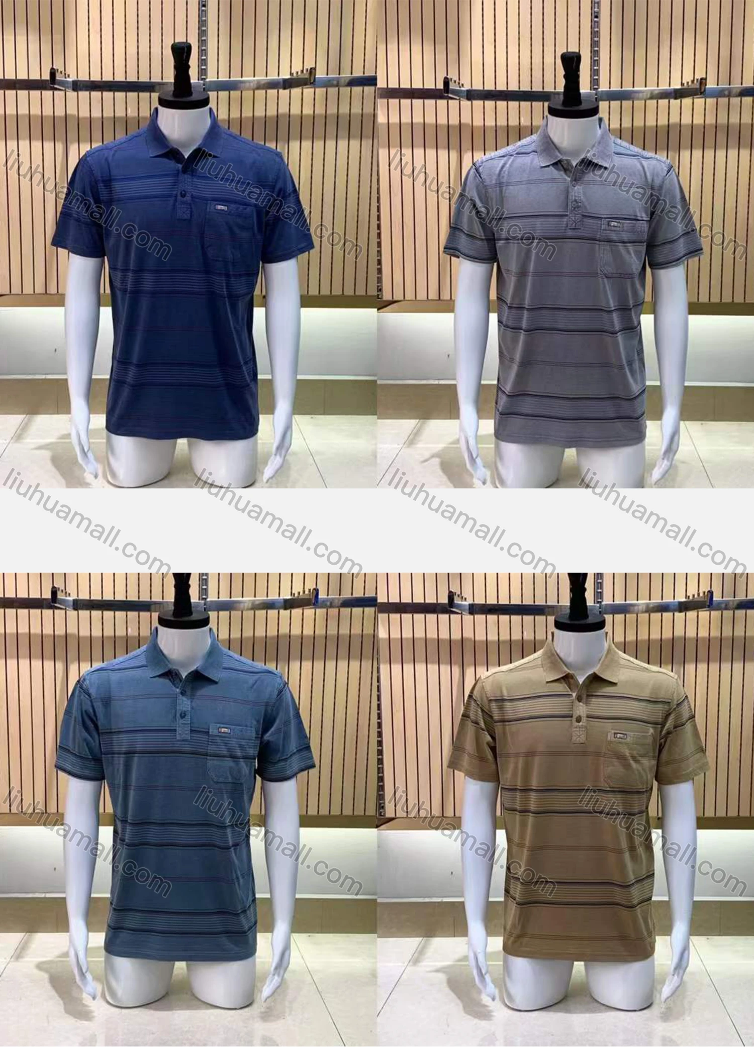 Wholesale Men's Casual Striped Patch Pocket Short Sleeve Polo Shirt - Liuhuamall