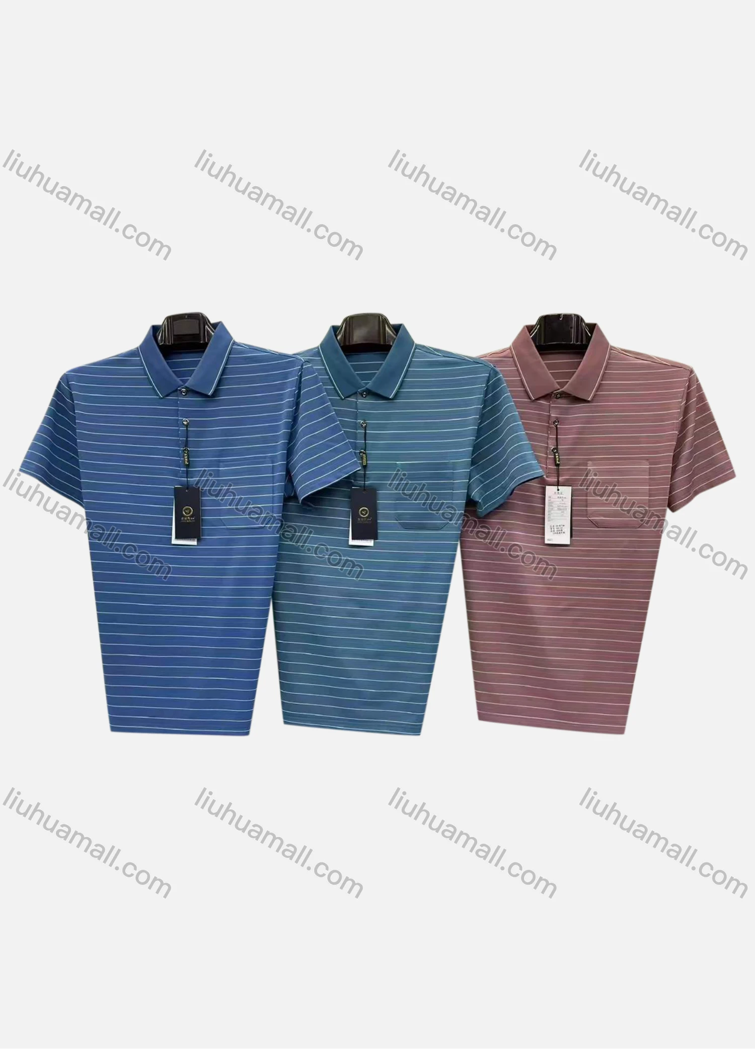 Wholesale Men's Casual Striped Patch Pocket Short Sleeve Polo Shirt - Liuhuamall