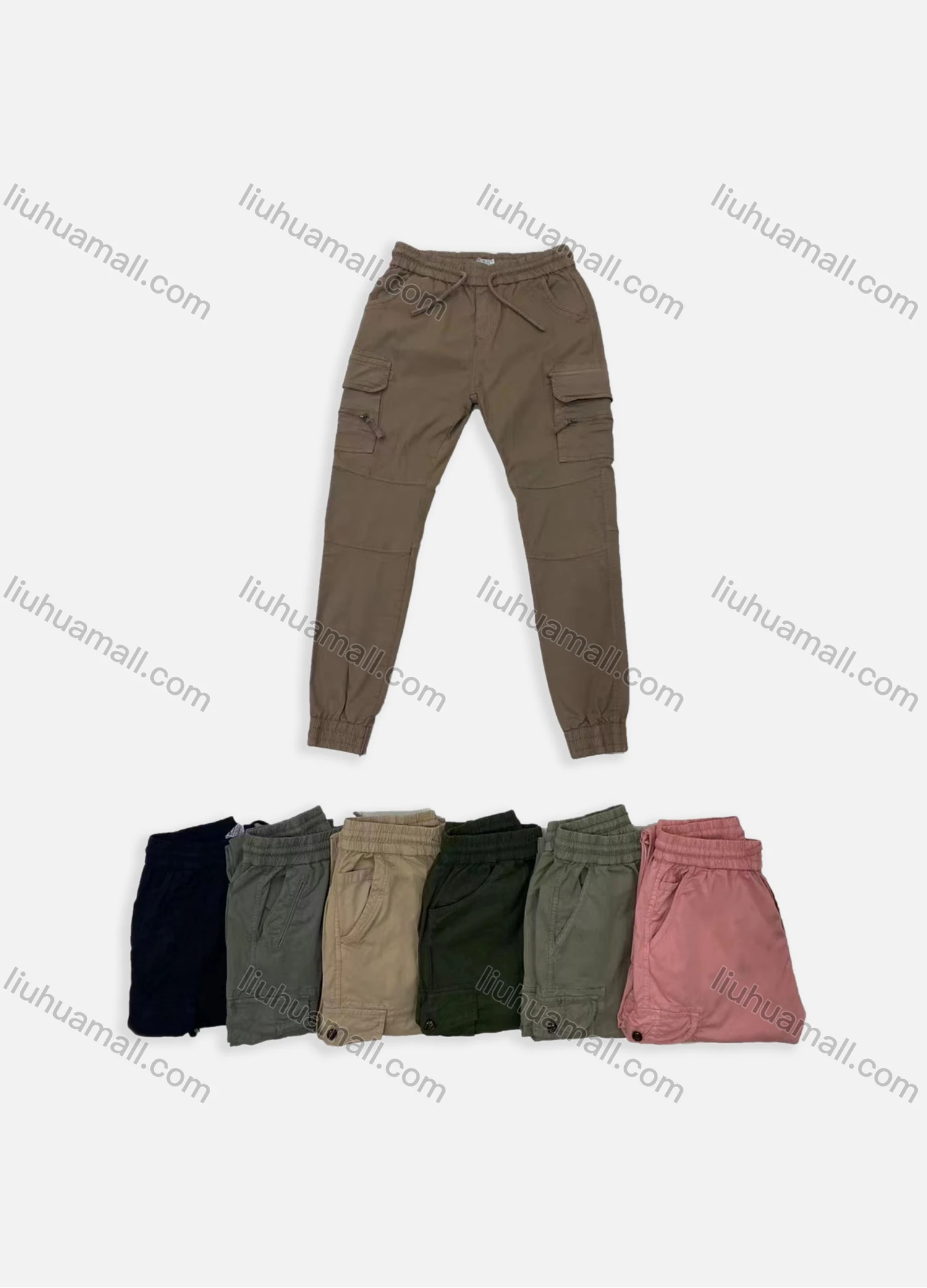 Wholesale Men's Casual Plain Multiple Pockets Elastic Waist Cargo Pants FC5585# - Liuhuamall