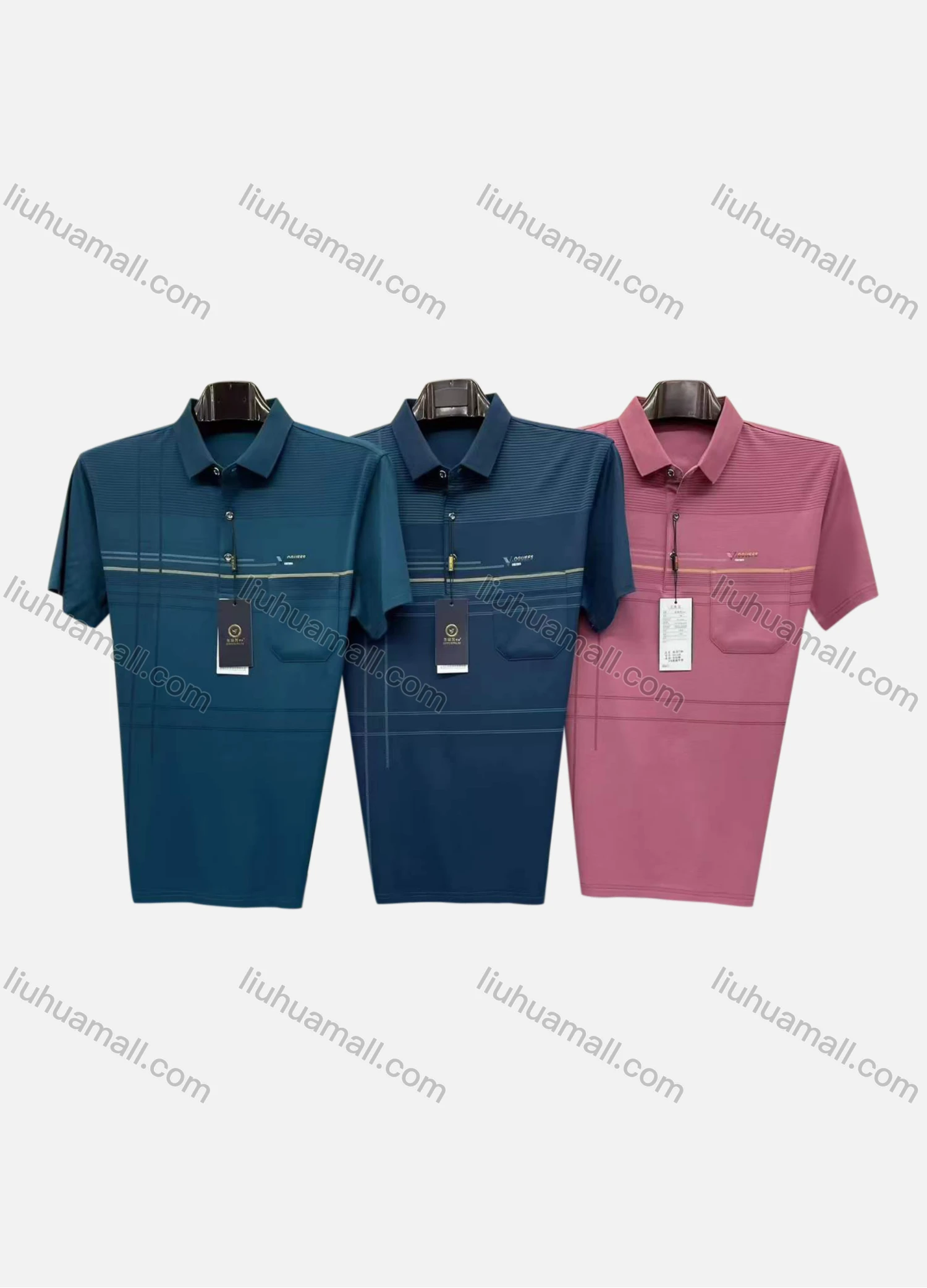 Wholesale Men's Casual Striped Patch Pocket Short Sleeve Polo Shirt - Liuhuamall