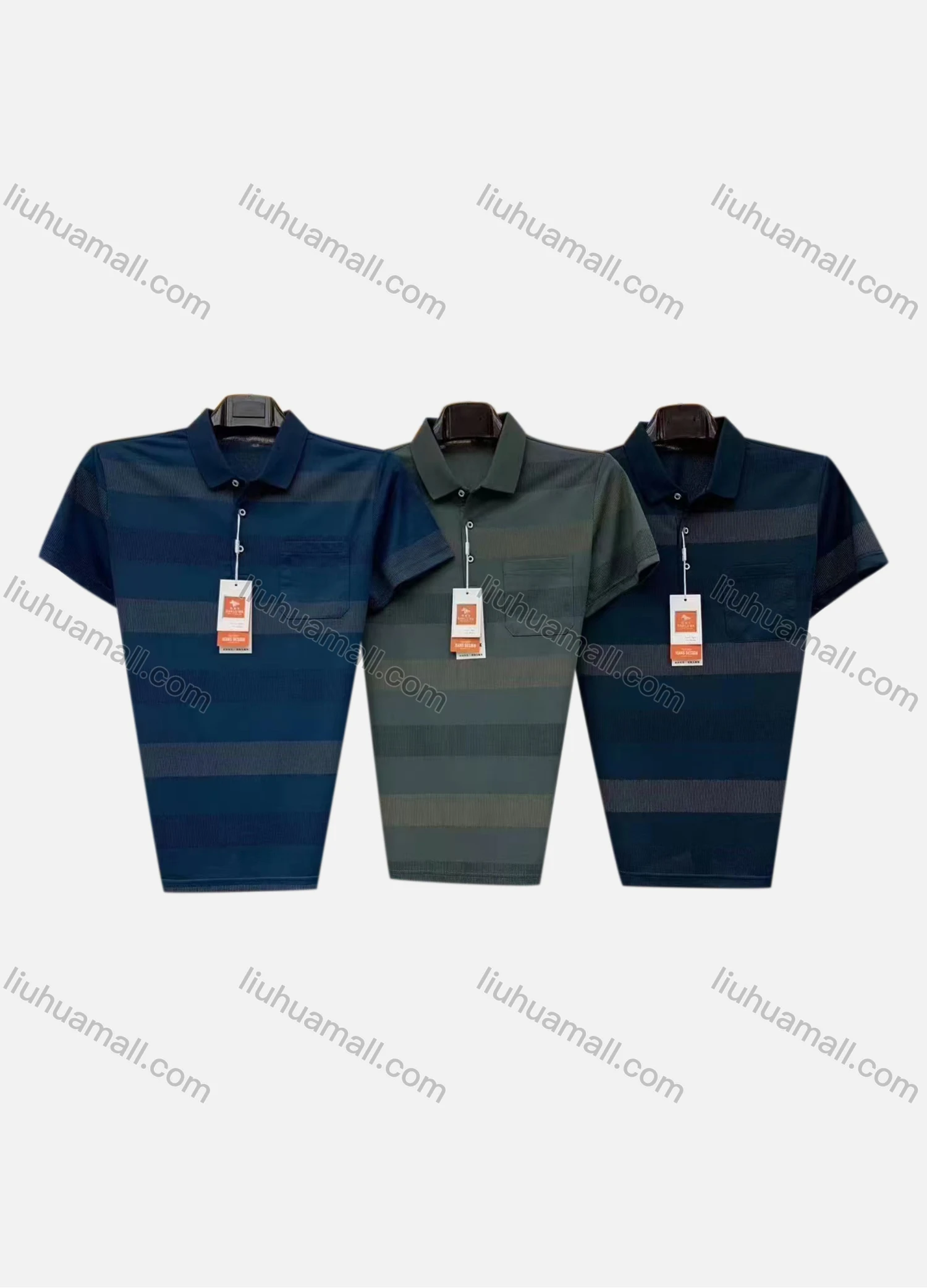 Wholesale Men's Casual Striped Patch Pocket Short Sleeve Polo Shirt - Liuhuamall