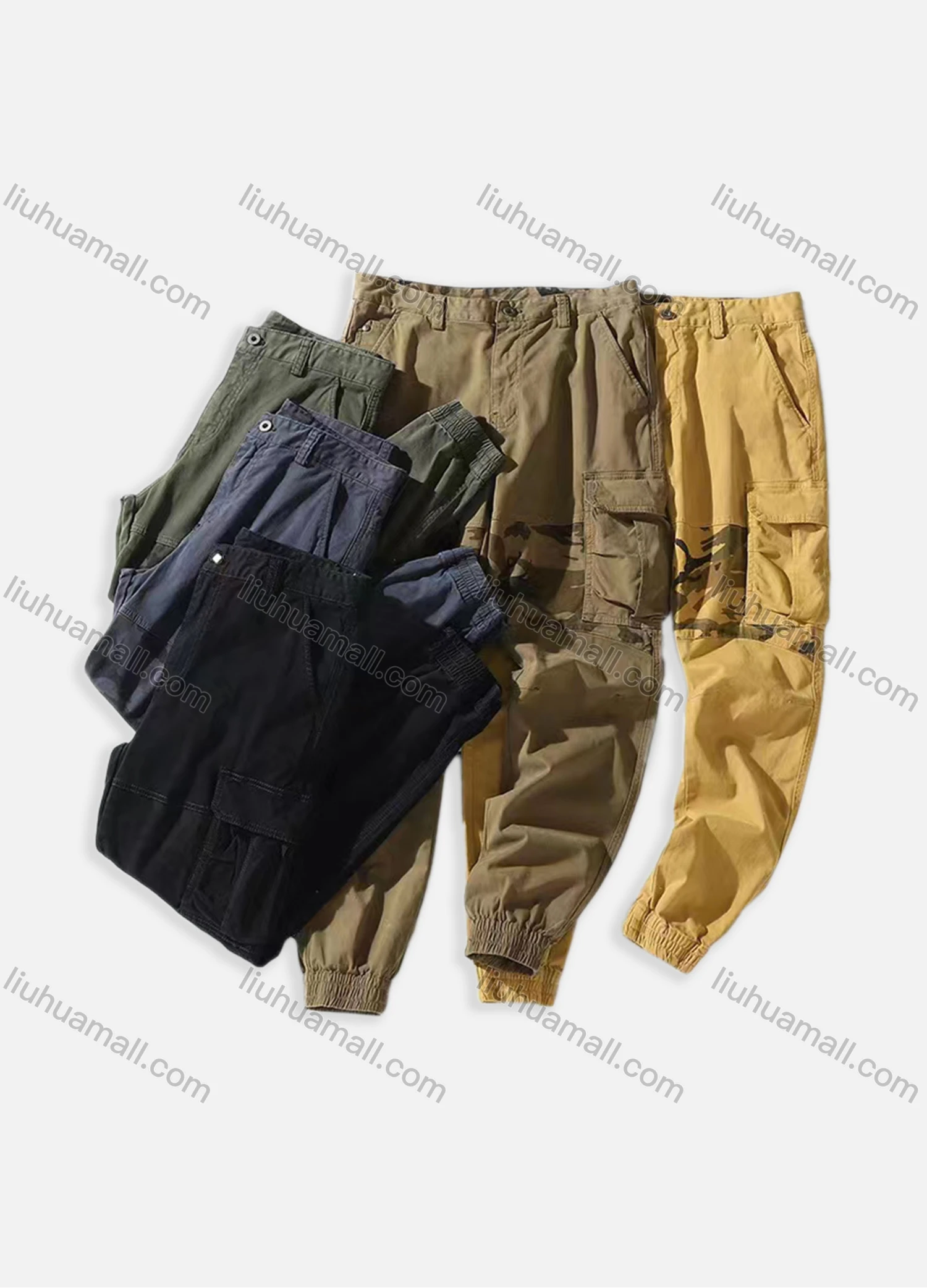 Wholesale Men's Casual Plain Multiple Pockets Button Closure Cargo Pants W9031# - Liuhuamall
