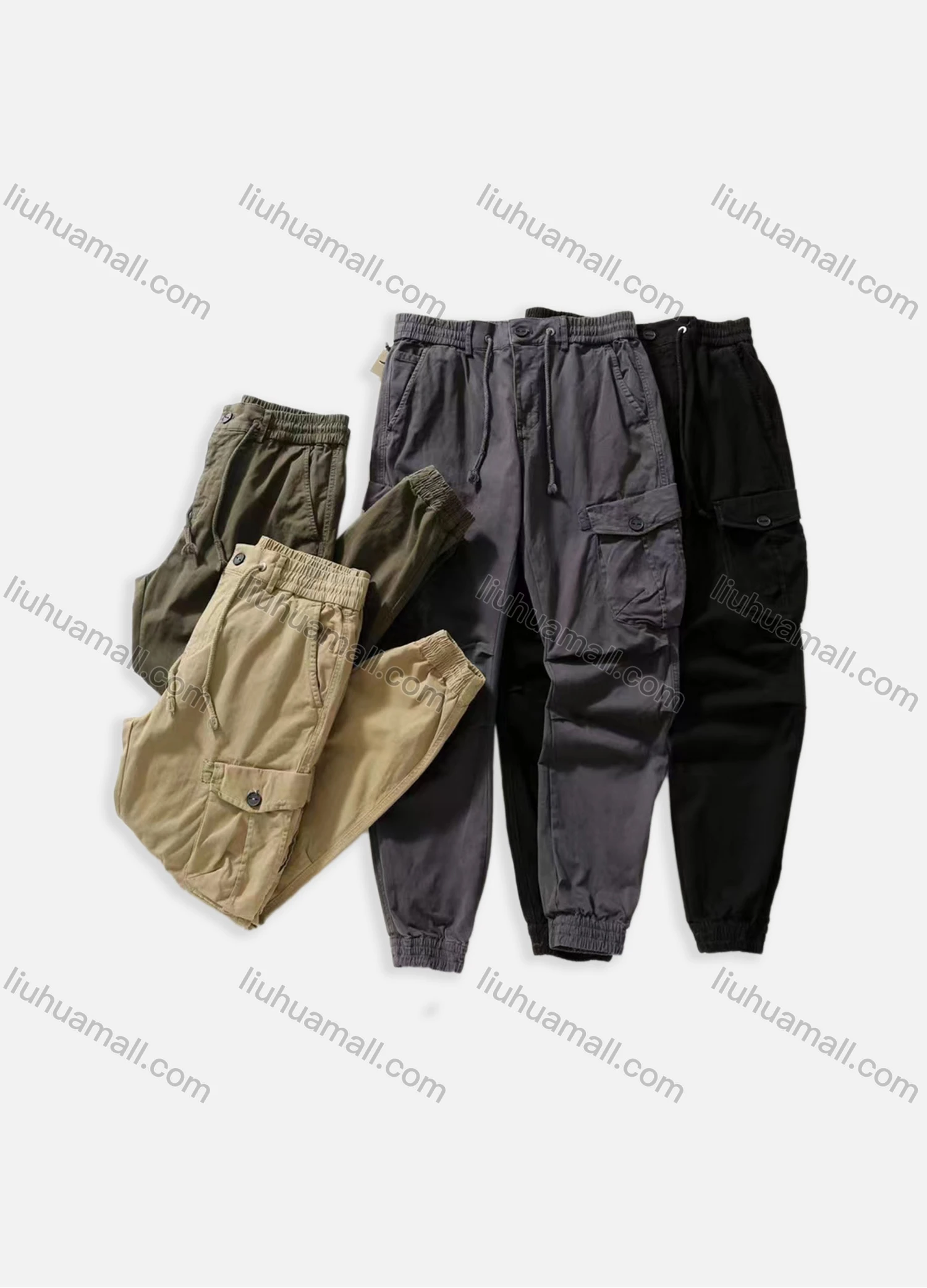 Wholesale Men's Casual Plain Multiple Pockets Button Closure Cargo Pants W9101# - Liuhuamall